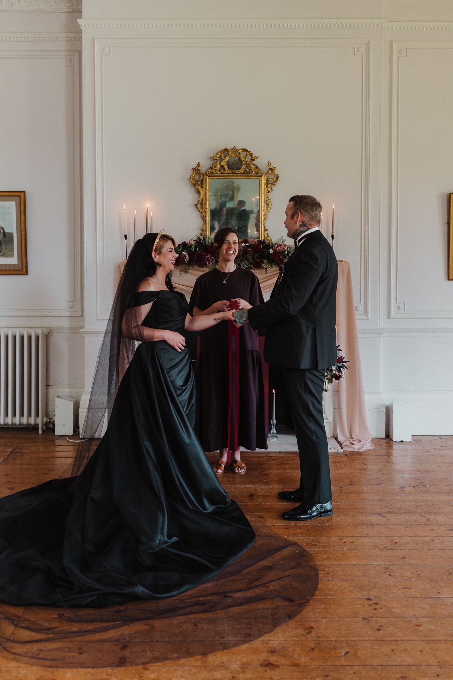 Dark Romance Alternative Style Cornwall Elopement at Scorrier House, Ceremony in the Drawing Room
