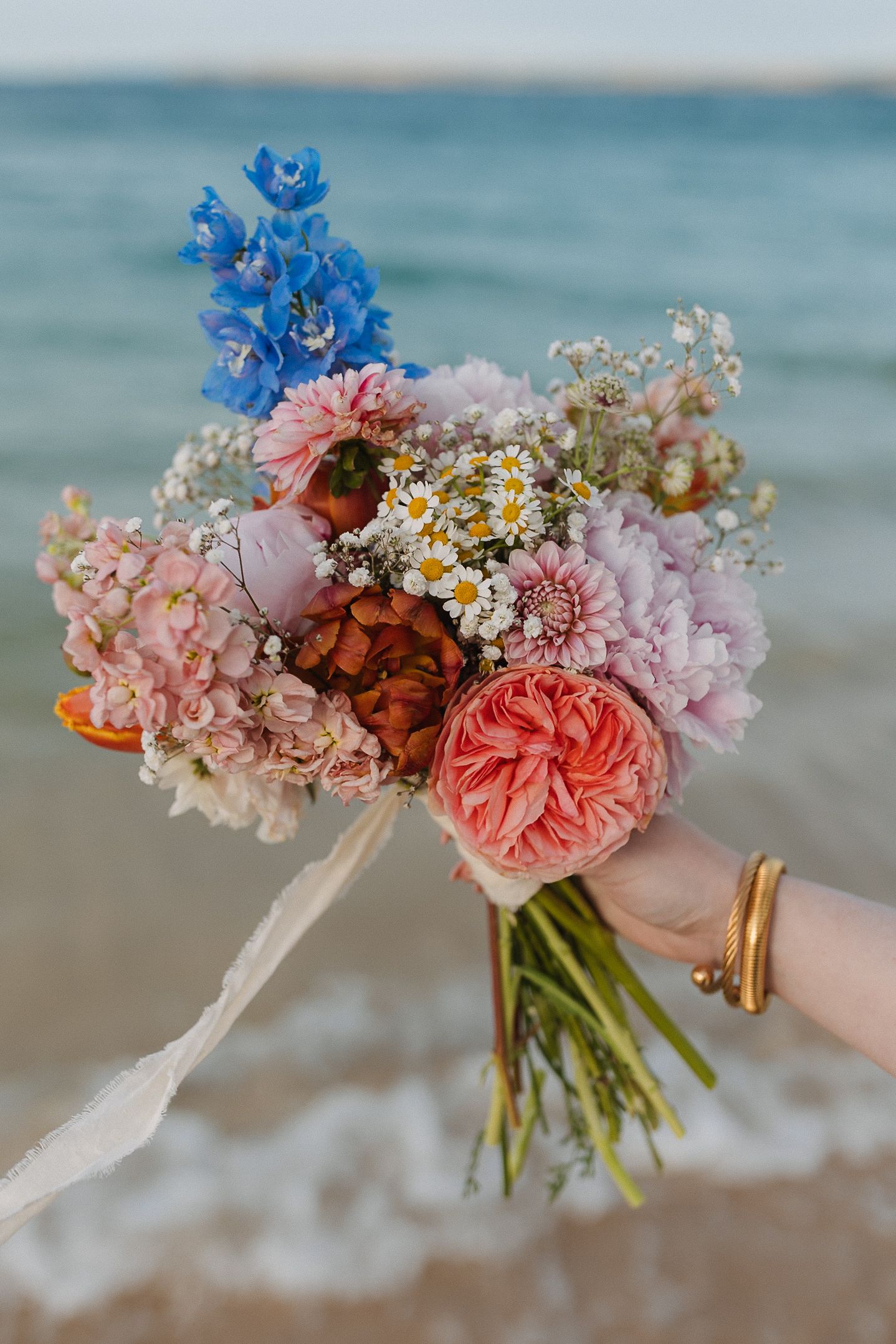 Wildflower Beach Bridal Editorial, Porthminster Beach, St.Ives Cornwall, Elopement, Beach Portraits Golden Hour Sea Shoreline Sand Blue