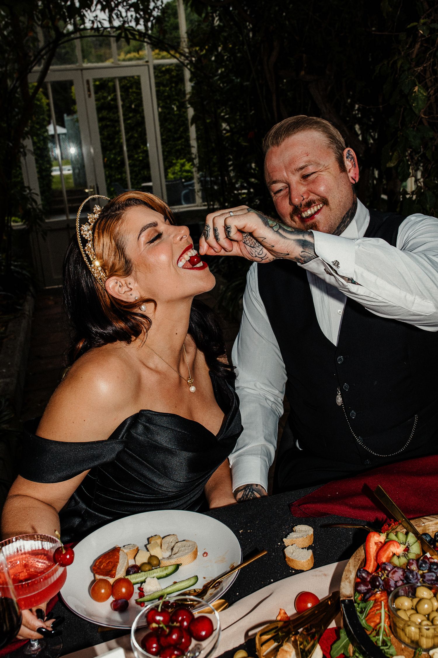 Dark Romance Alternative Style Cornwall Elopement at Scorrier House, Conservatory Dinner party