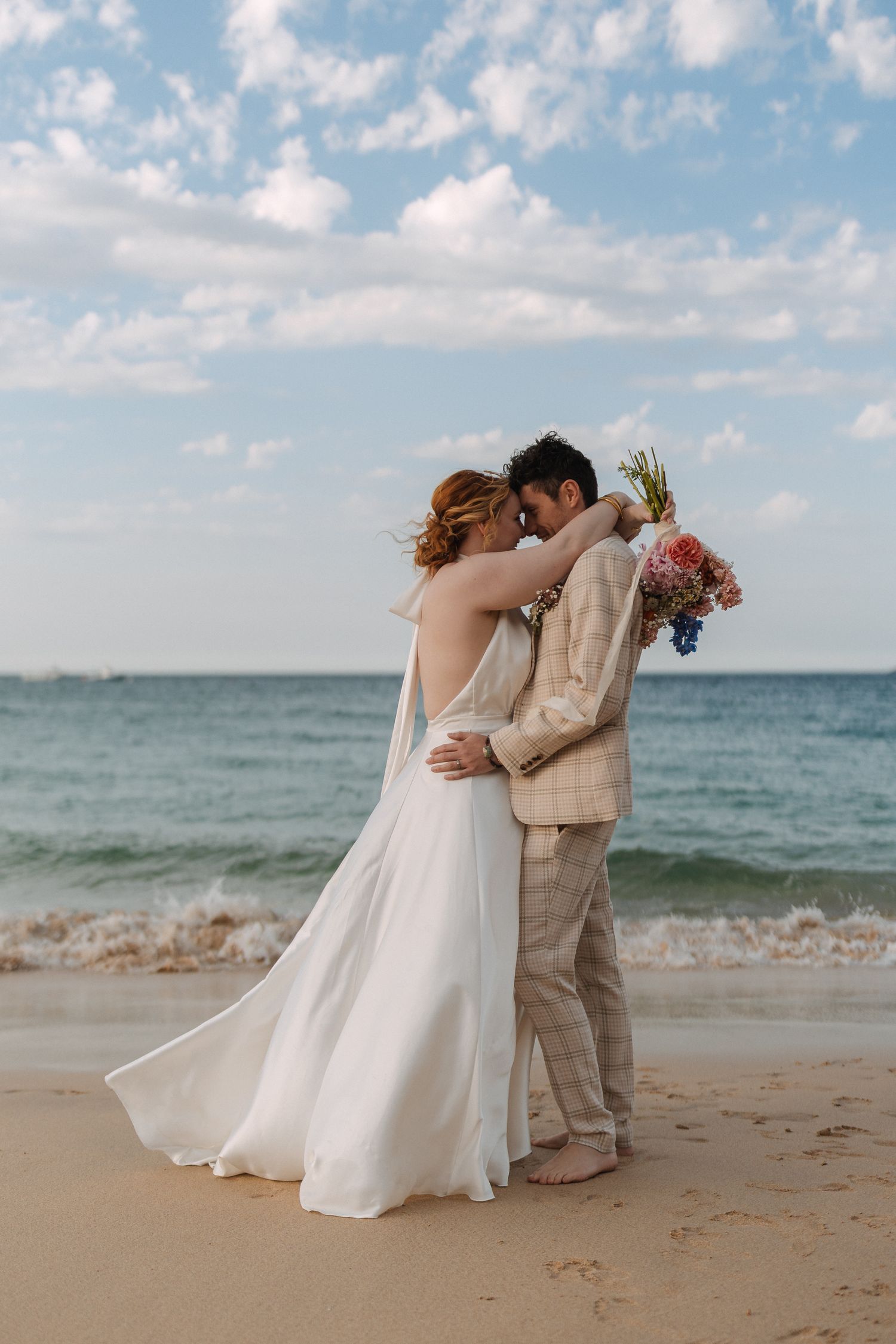 Wildflower Beach Bridal Editorial, Porthminster Beach, St.Ives Cornwall, Elopement, Beach Portraits Golden Hour Sea Shoreline Sand Blue