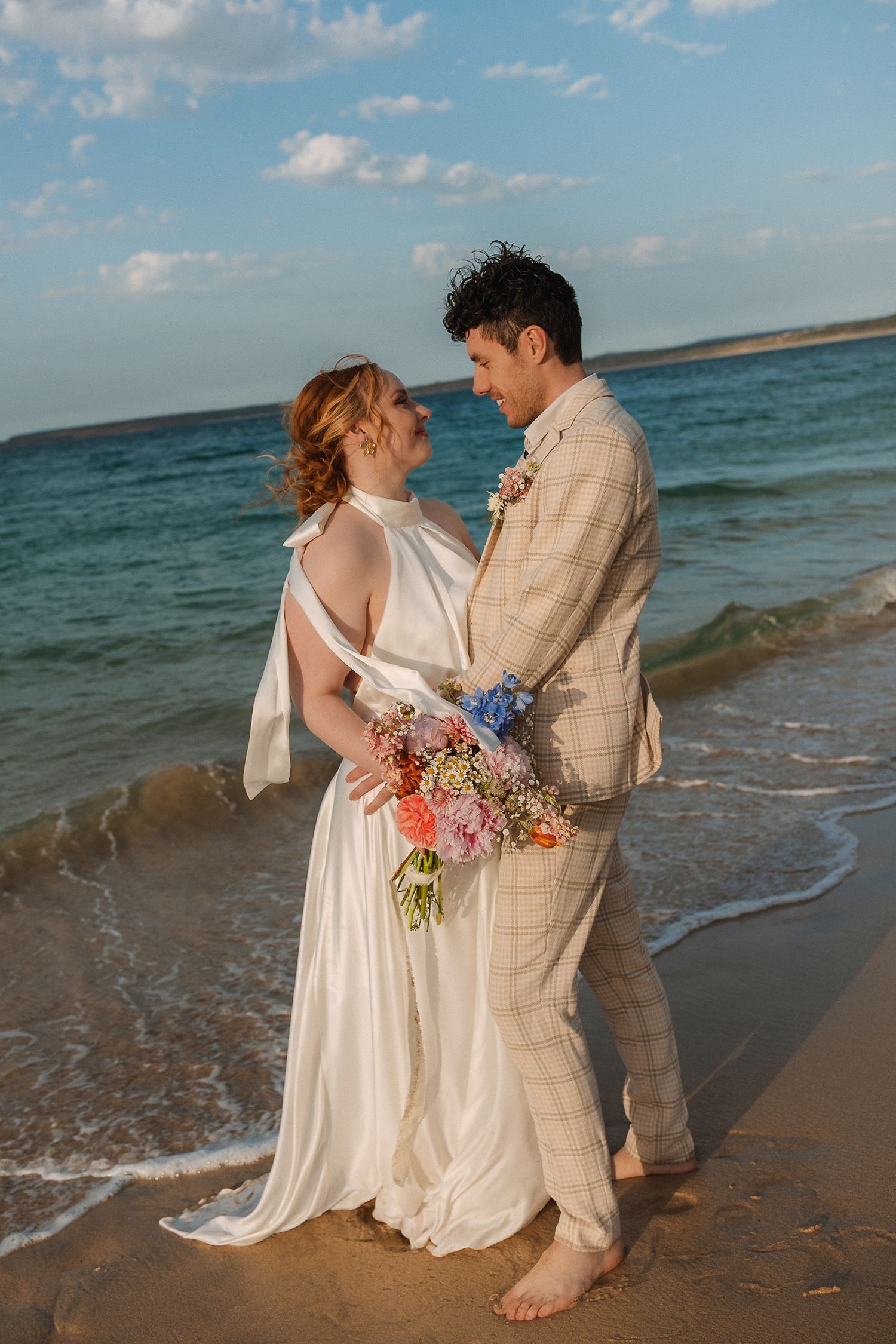 Wildflower Beach Bridal Editorial, Porthminster Beach, St.Ives Cornwall, Elopement, Beach Portraits Golden Hour Sea Shoreline Sand Blue