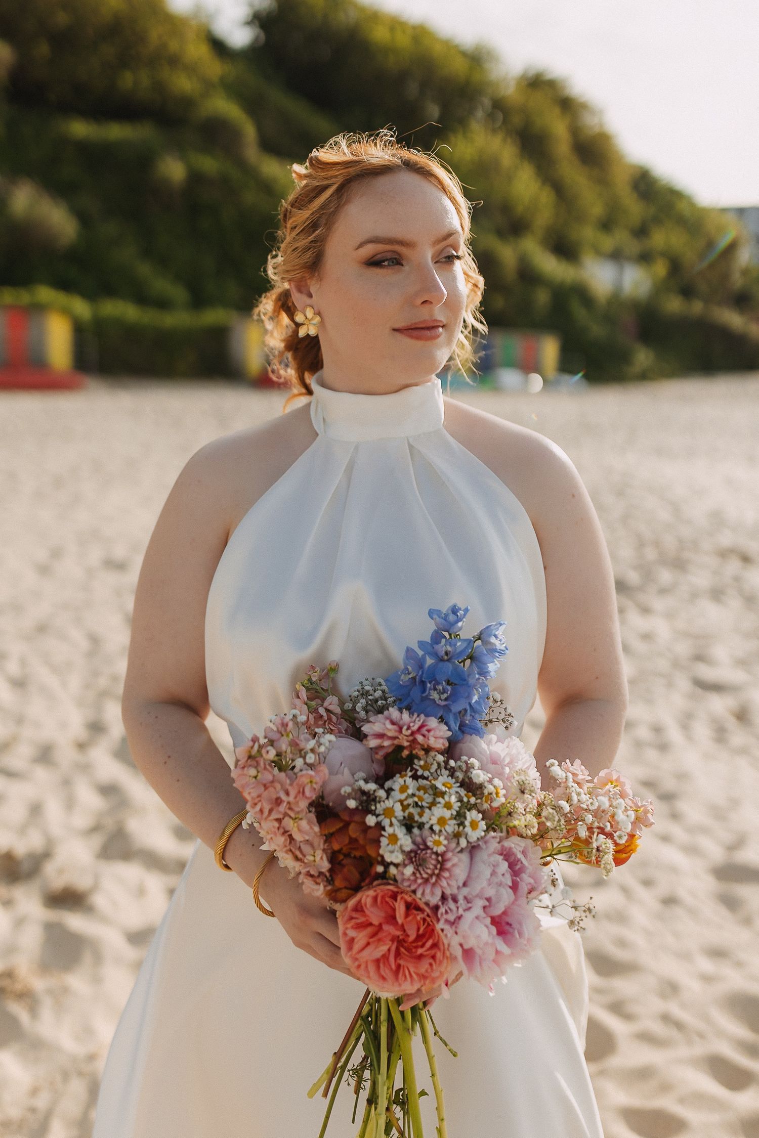Wildflower Beach Bridal Editorial, Porthminster Beach, St.Ives Cornwall, Elopement, Beach Portraits Golden Hour Sea Shoreline Sand Blue