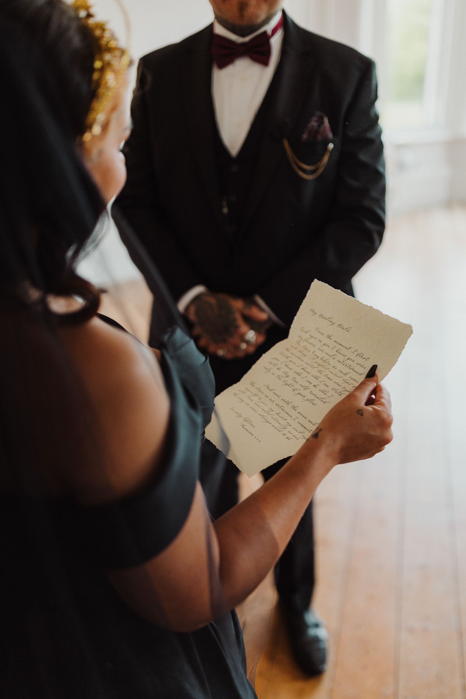 Dark Romance Alternative Style Cornwall Elopement at Scorrier House, Ceremony drawing room reading handwritten vows Gathered Calligraphy.