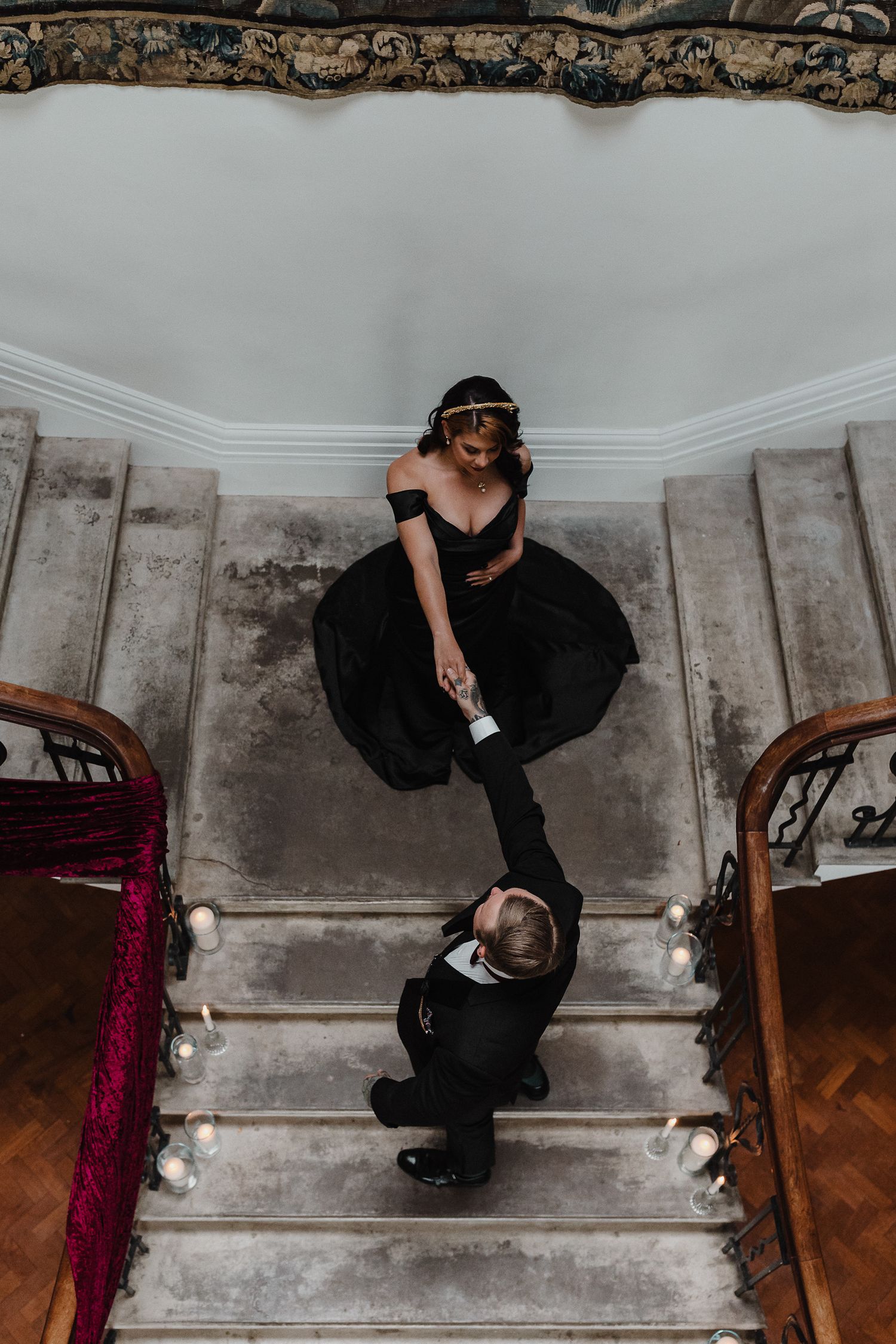 Dark Romance Alternative Style Cornwall Elopement at Scorrier House, Double Staircase