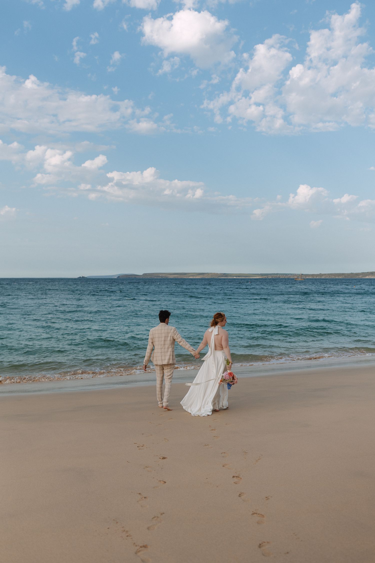 Wildflower Beach Bridal Editorial, Porthminster Beach, St.Ives Cornwall, Elopement, Beach Portraits Golden Hour Sea Shoreline Sand Blue