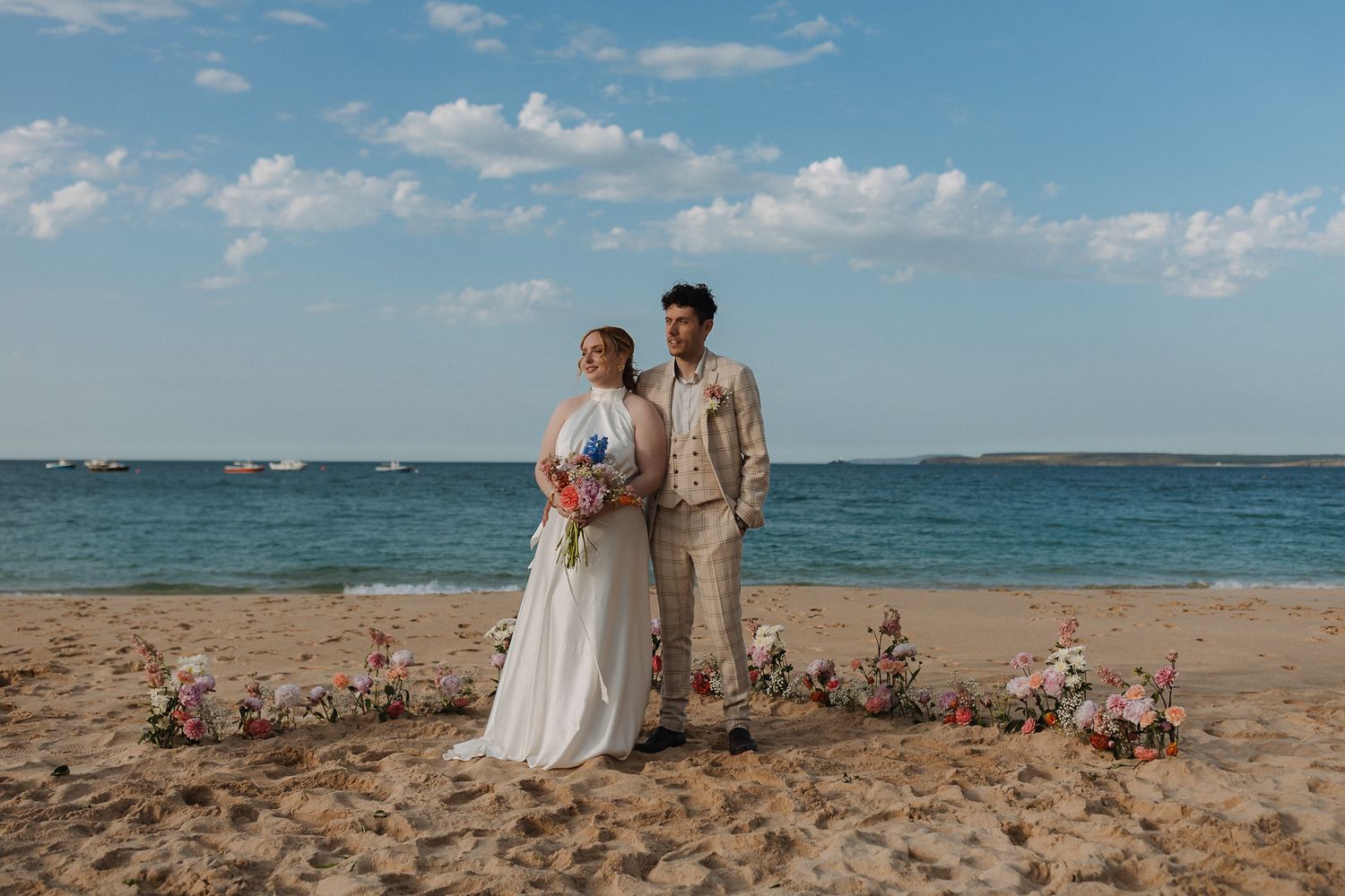 Wildflower Beach Bridal Editorial, Porthminster Beach, St.Ives Cornwall, Elopement, Beach Portraits Golden Hour Sea Shoreline Sand Blue