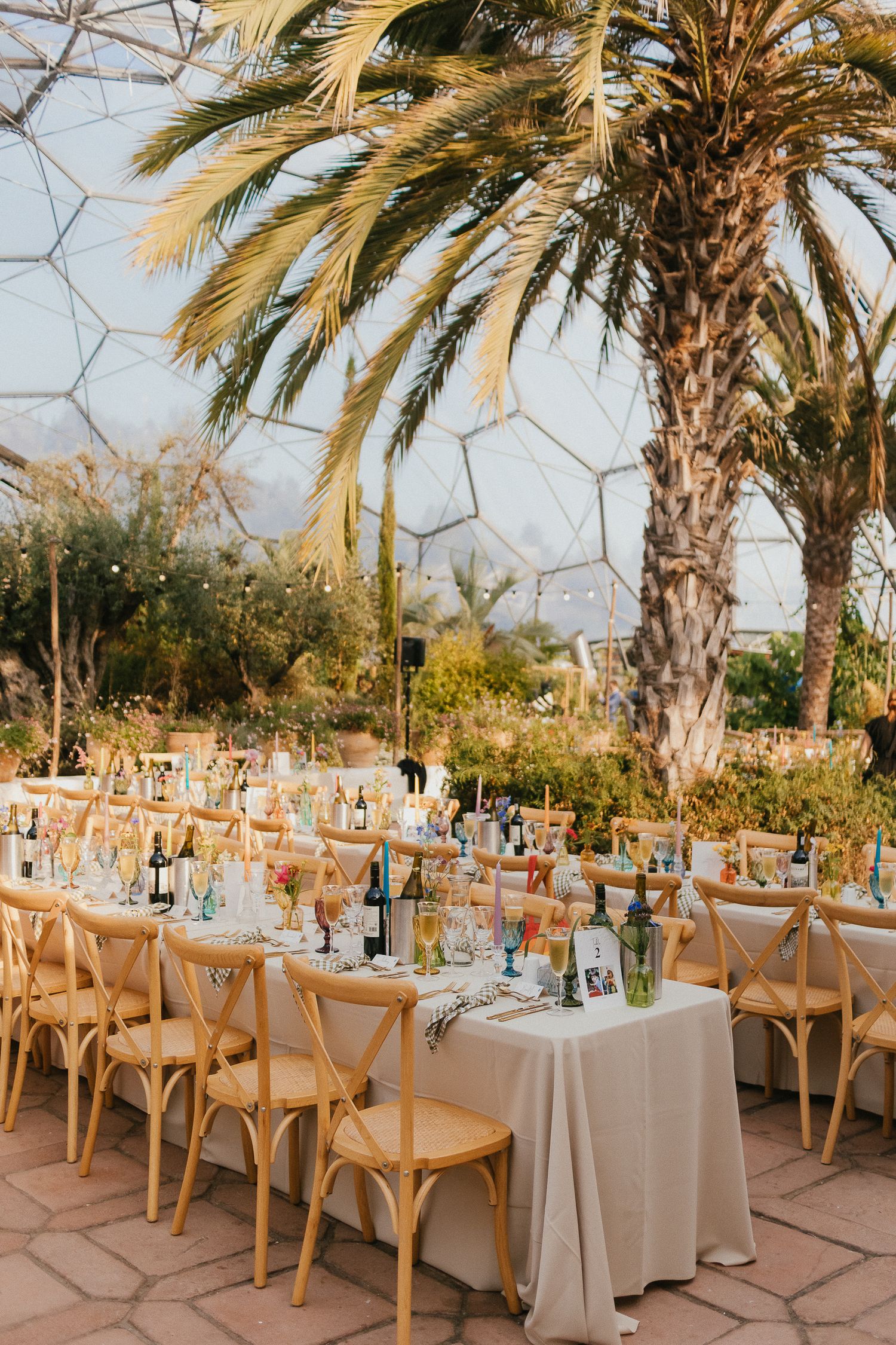 Colourful vibrant floral Eden Project Mediterranean biome wedding tablescape