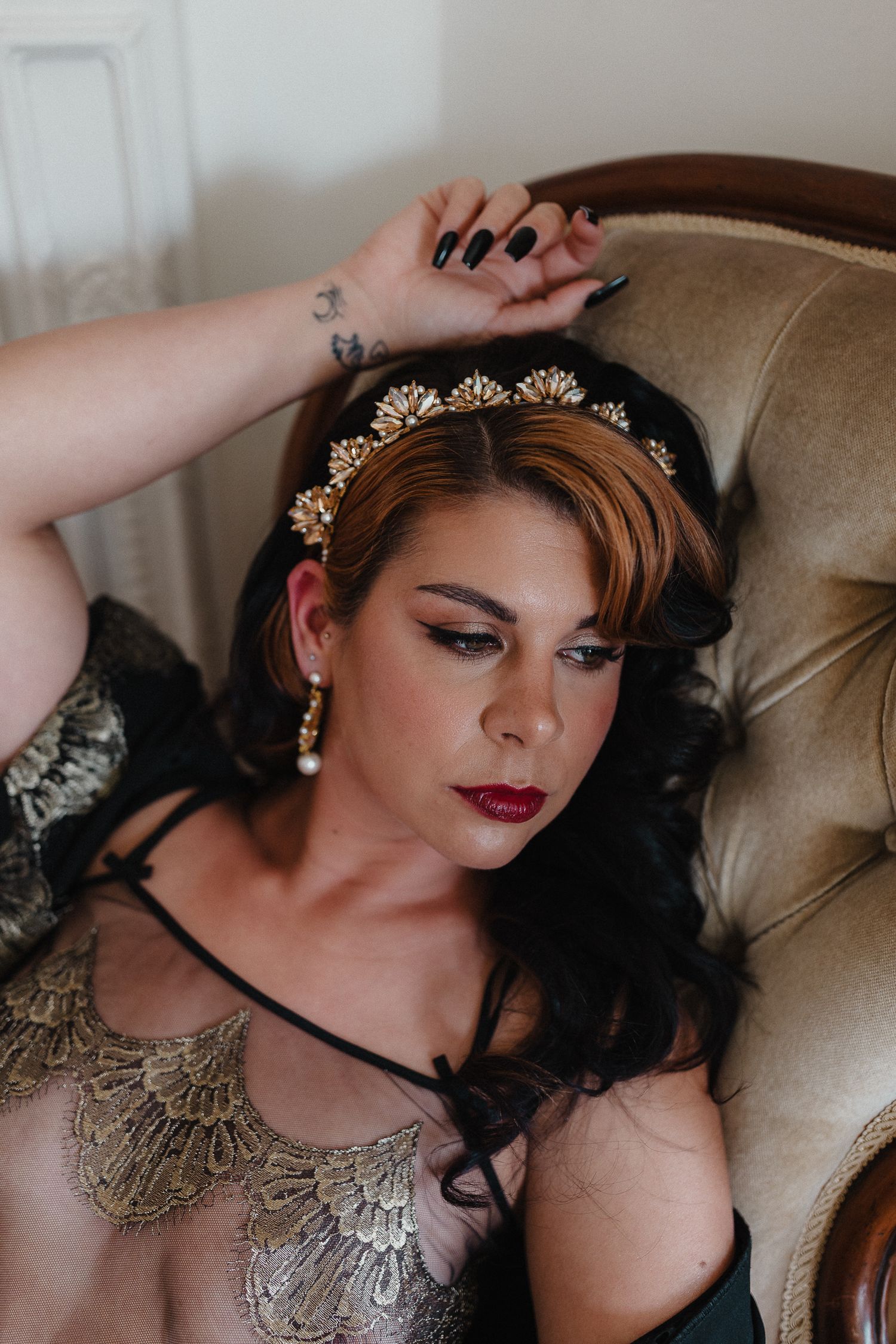 Dark Romance Style Elopement Bridal Boudoir Portrait at Scorrier House wearing The Lucky Sixpence crown and earrings.