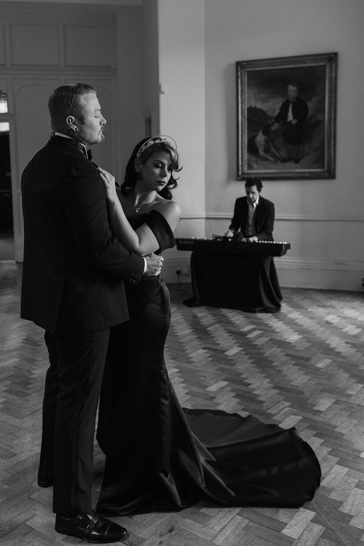 Dark Romance Alternative Style Cornwall Elopement at Scorrier House, Dancing in the Grand Hall to Charlie Clough Piano.
