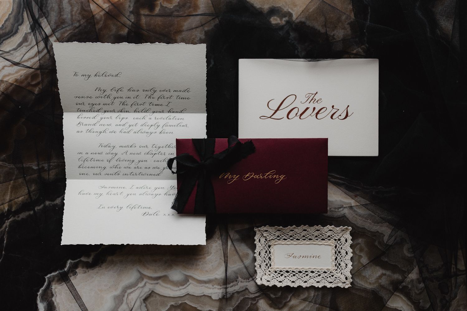 Dark Romance Alternative Style Cornwall Elopement at Scorrier House, stationery flat-lay Gathered Calligraphy
