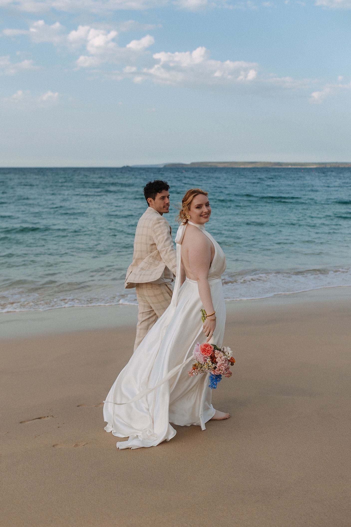 Wildflower Beach Bridal Editorial, Porthminster Beach, St.Ives Cornwall, Elopement, Beach Portraits Golden Hour Sea Shoreline Sand Blue
