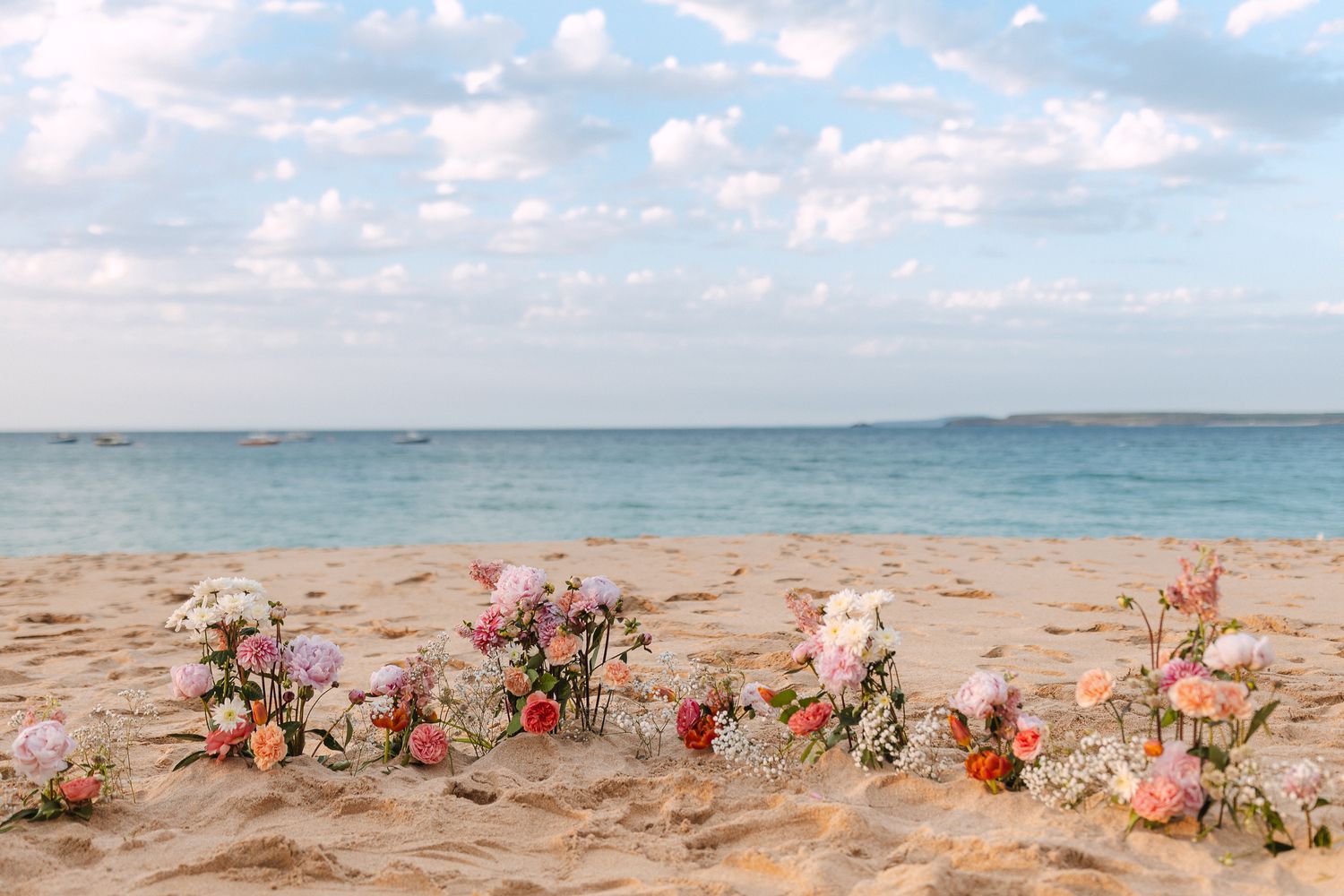 Wildflower Beach Bridal Editorial, Porthminster Beach, St.Ives Cornwall, Elopement, Beach Portraits Golden Hour Sea Shoreline Sand Blue