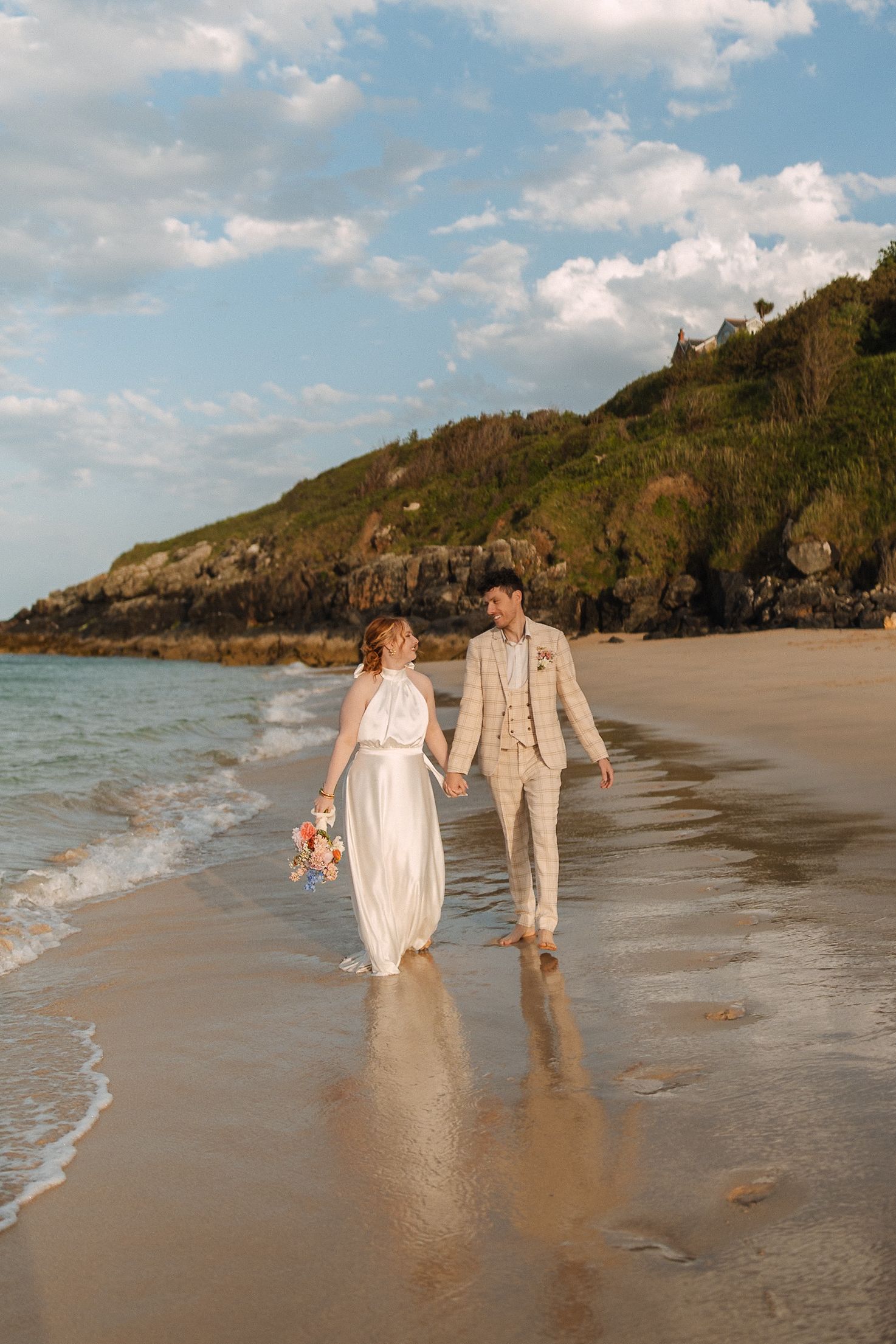 Wildflower Beach Bridal Editorial, Porthminster Beach, St.Ives Cornwall, Elopement, Beach Portraits Golden Hour Sea Shoreline Sand Blue