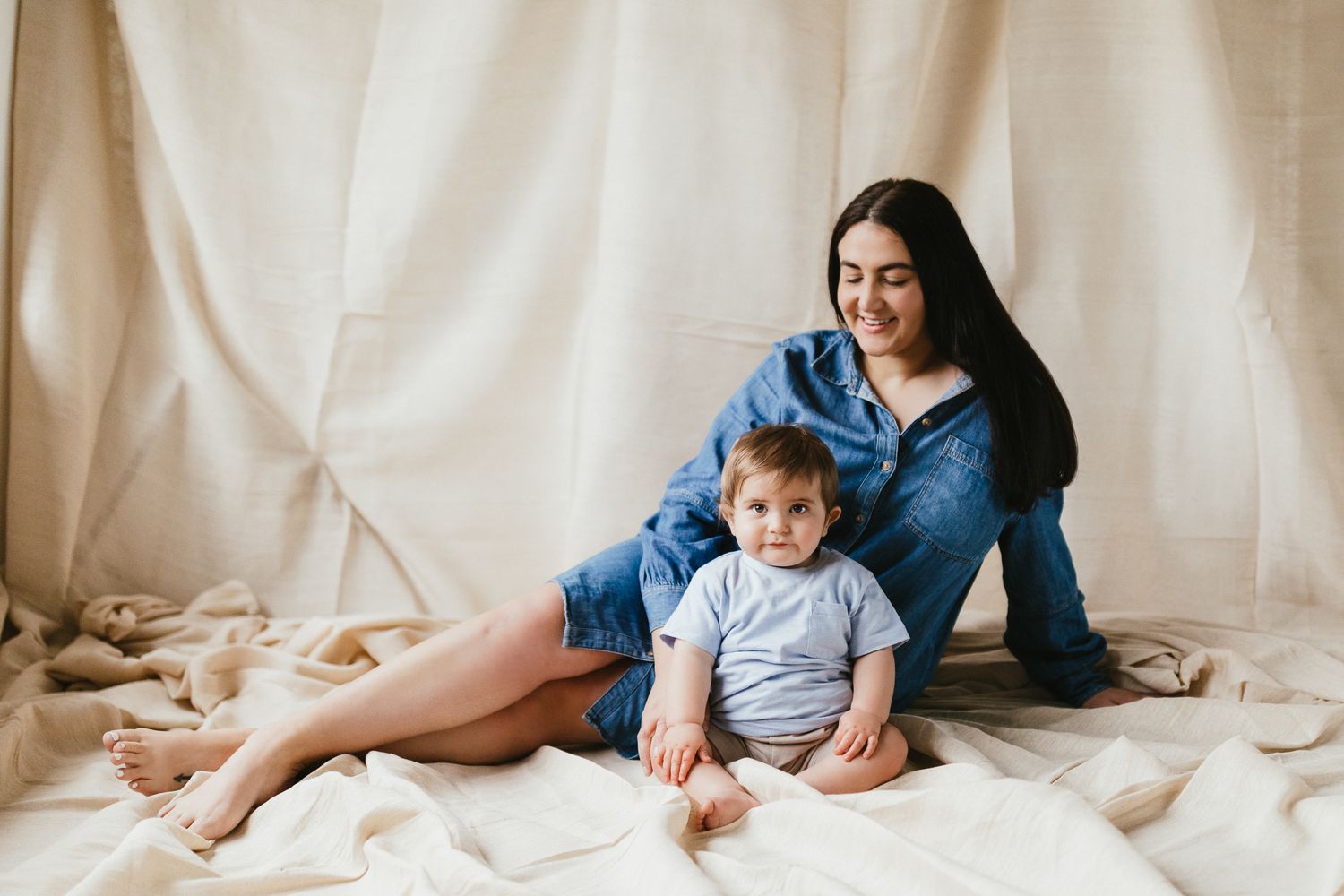 Mummy & Me motherhood session. natural light set. Blue outfits. Mother & Son