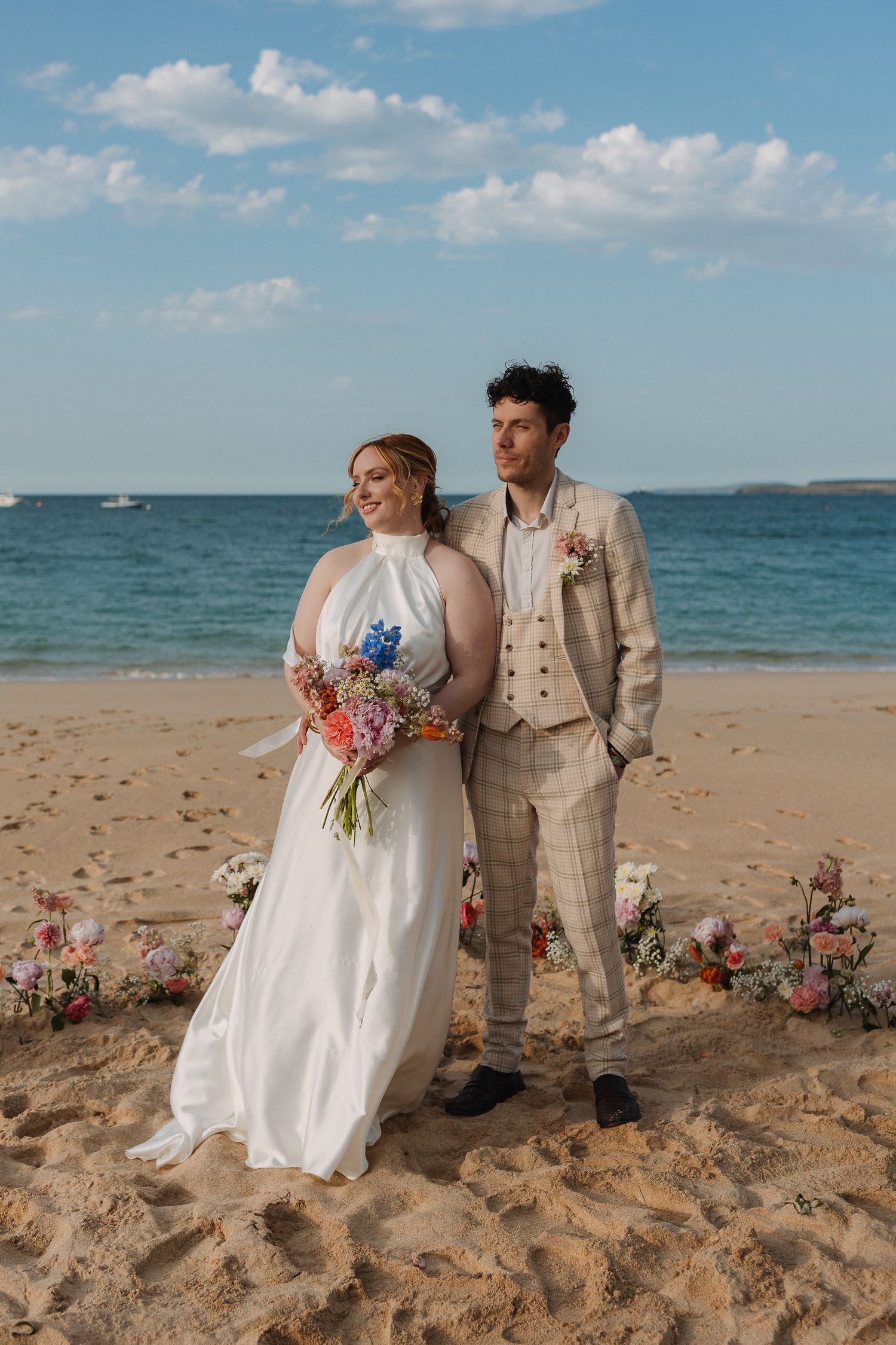 Wildflower Beach Bridal Editorial, Porthminster Beach, St.Ives Cornwall, Elopement, Beach Portraits Golden Hour Sea Shoreline Sand Blue