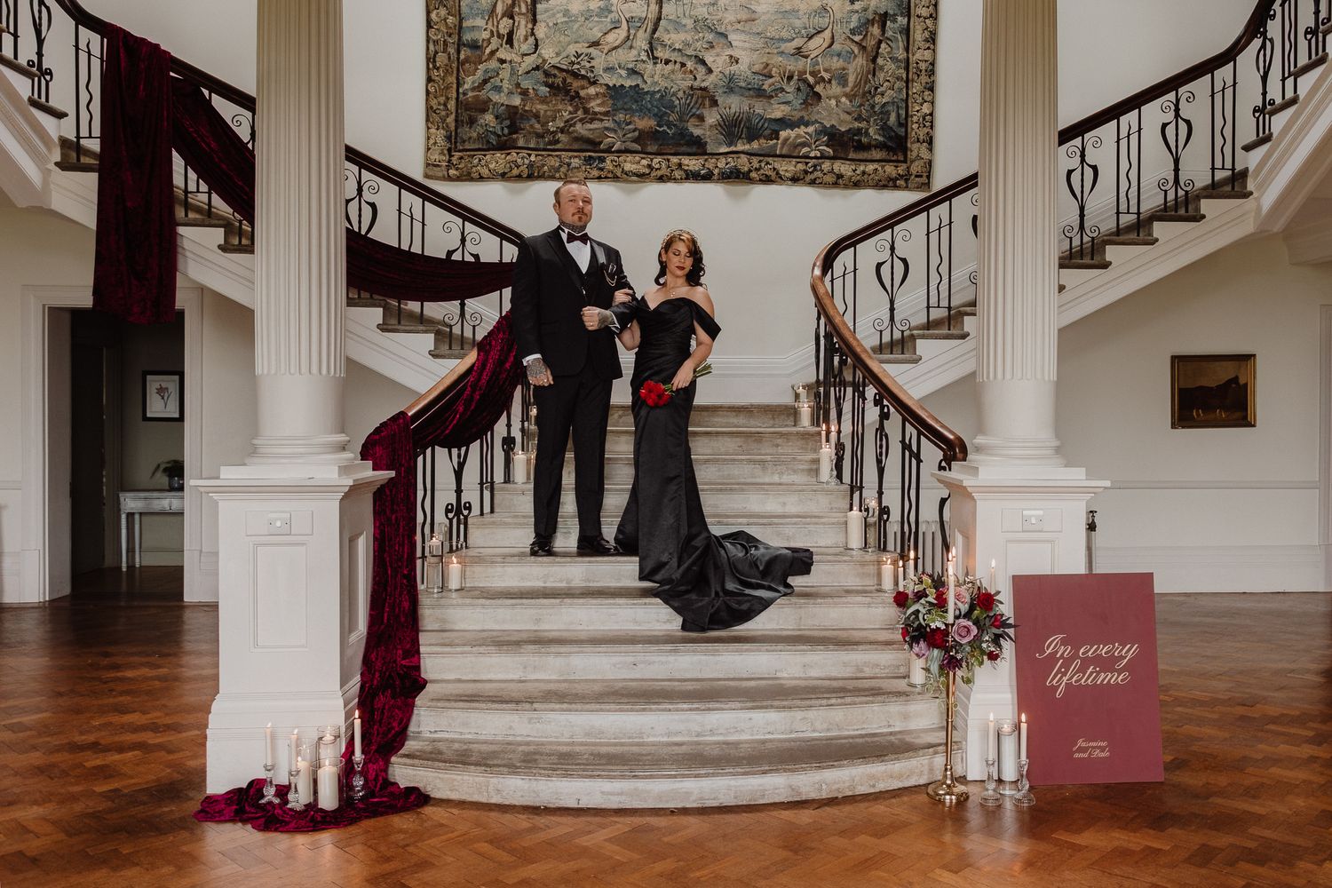 Dark Romance Alternative Style Cornwall Elopement at Scorrier House, Double Staircase Grand Hall