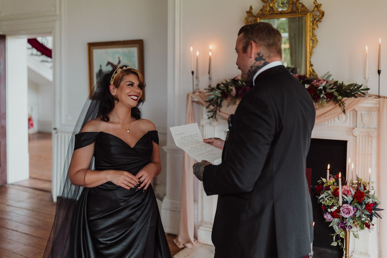 Dark Romance Alternative Style Cornwall Elopement at Scorrier House, Drawing Room Ceremony