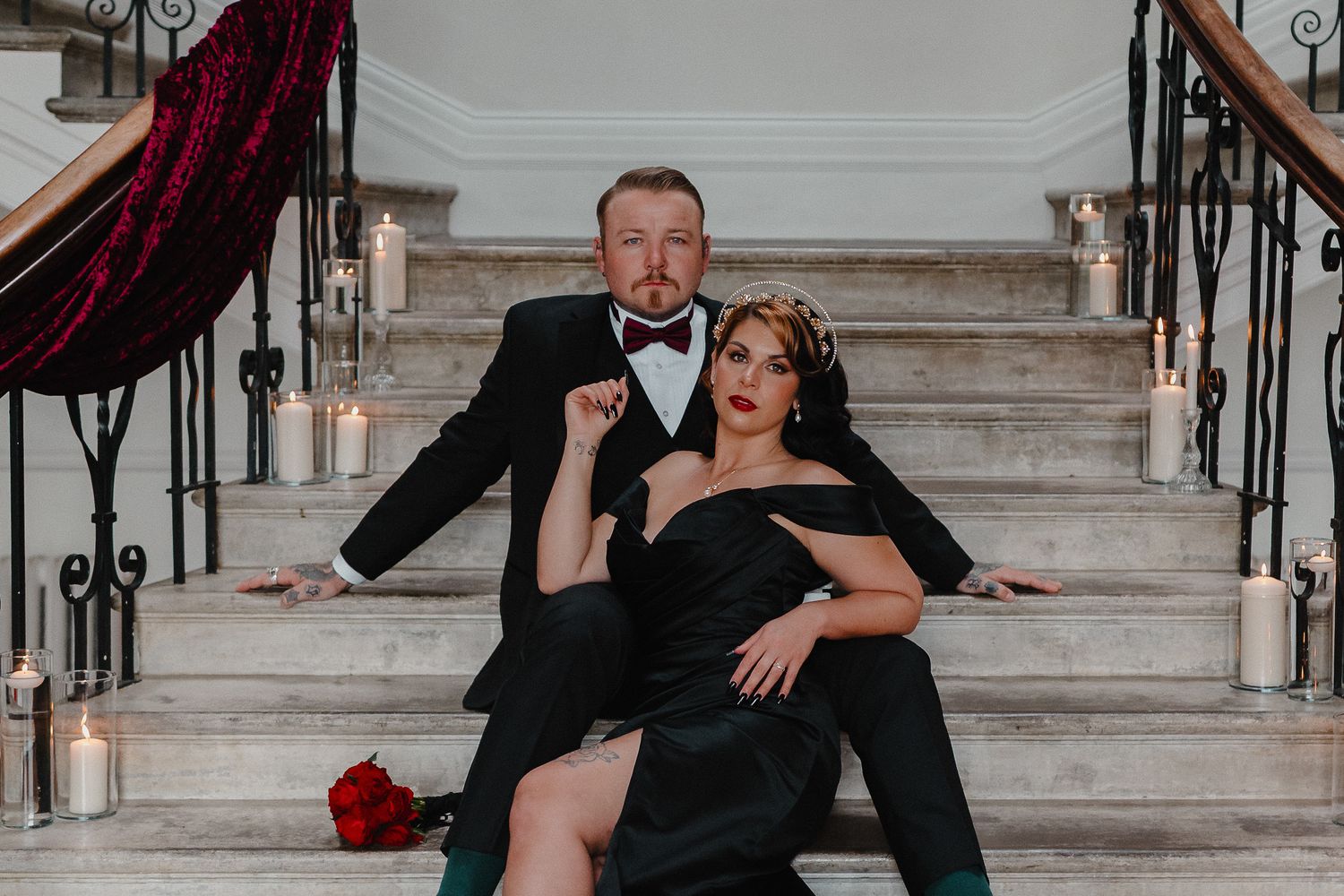 Dark Romance Alternative Style Cornwall Elopement at Scorrier House, Double Staircase