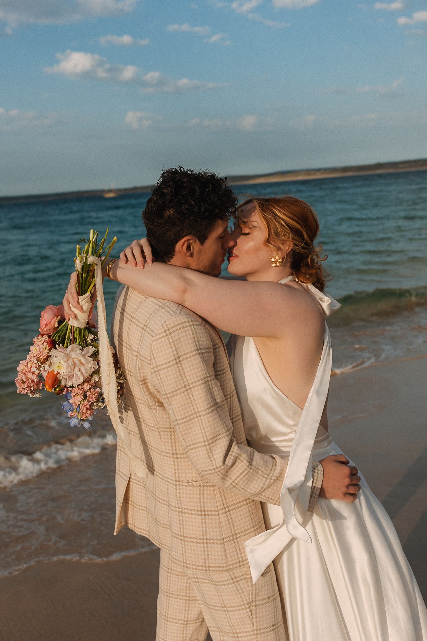 Wildflower Beach Bridal Editorial, Porthminster Beach, St.Ives Cornwall, Elopement, Beach Portraits Golden Hour Sea Shoreline Sand Blue
