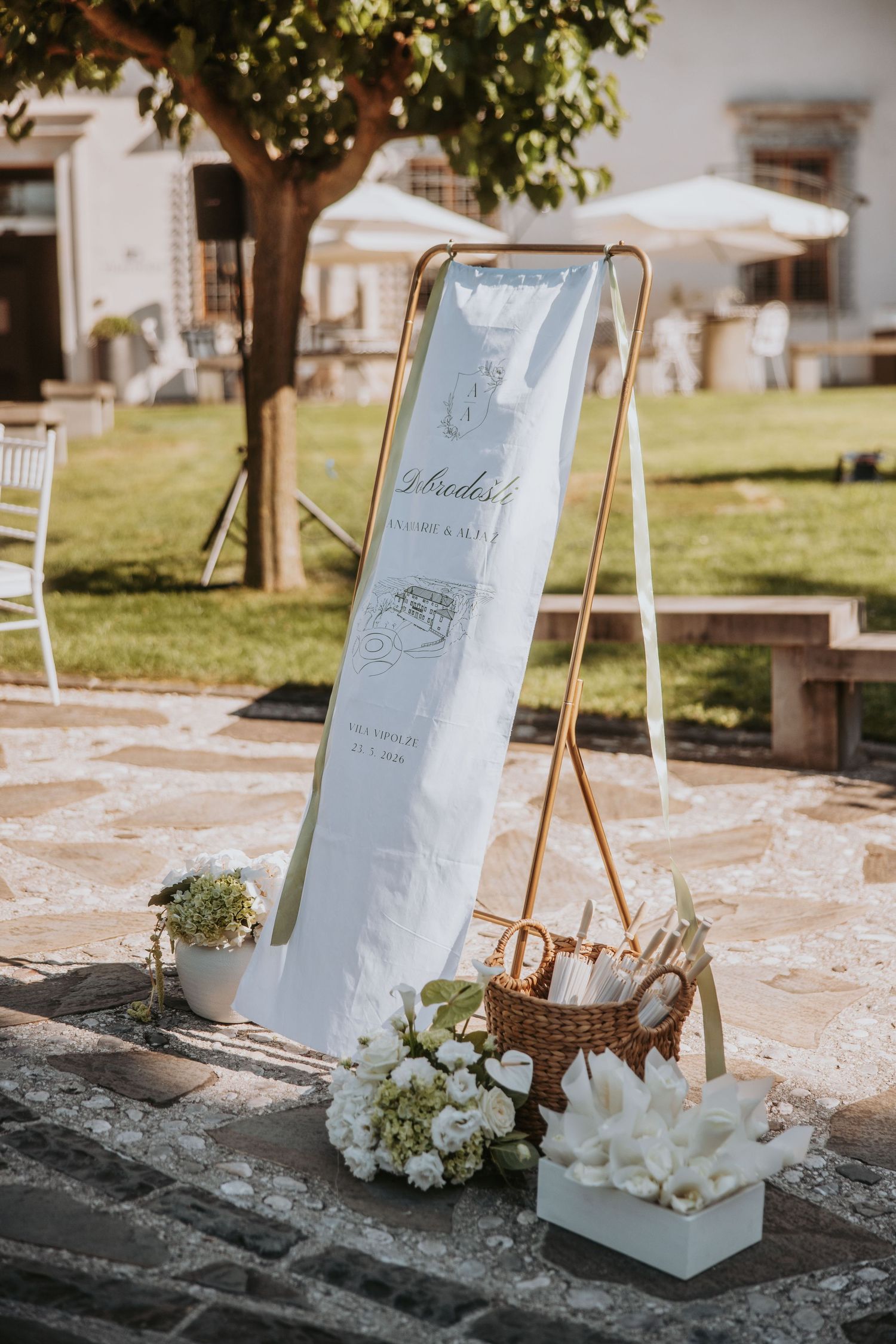 Elegant outdoor wedding welcome sign display with white flowers, wicker basket, and hydrangeas.