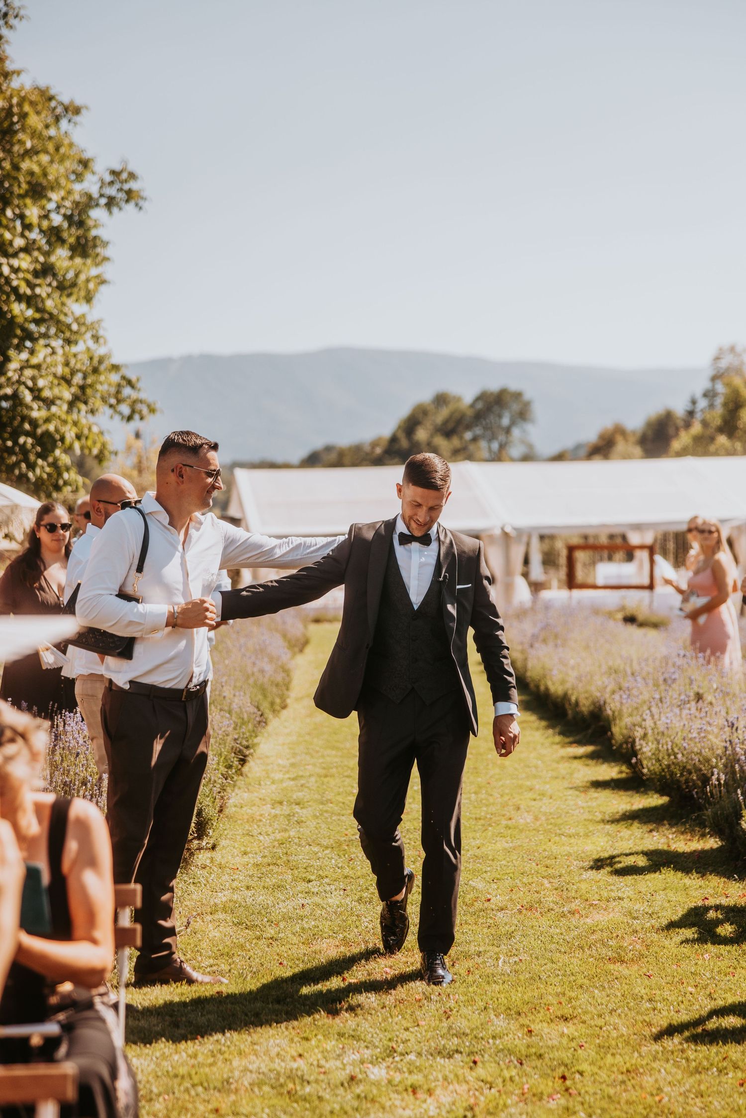 Groom in black tuxedo walks down outdoor wedding aisle flanked by groomsman, lavender borders, mountain backdrop.