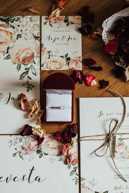 Elegant wedding stationery flat lay with floral invitations, ring box, and dried rose petals.
