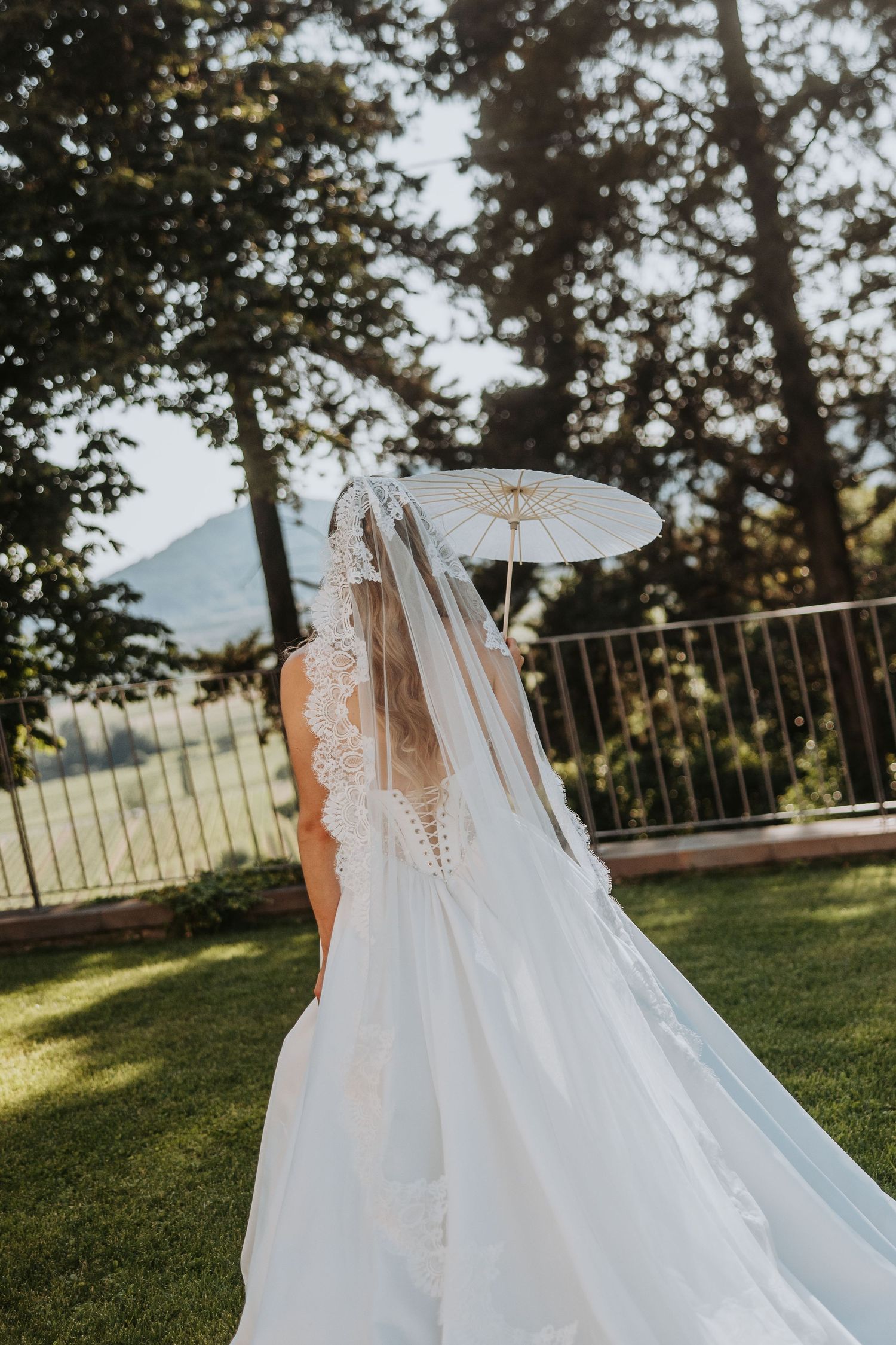 Bride in lace wedding gown with cathedral veil holding a white parasol in a garden.