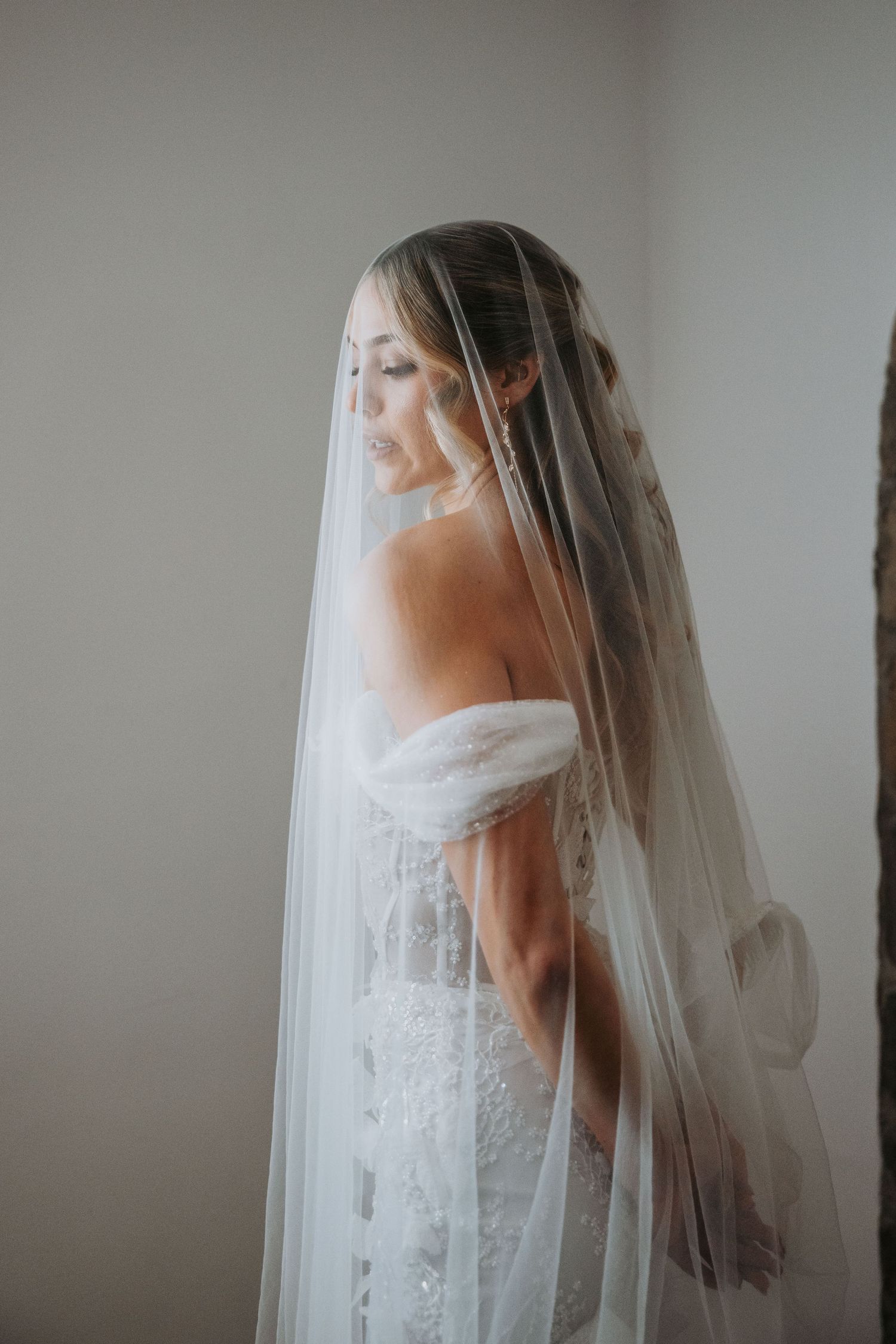 Elegant bride draped in long veil wearing off-shoulder lace gown in soft natural light.