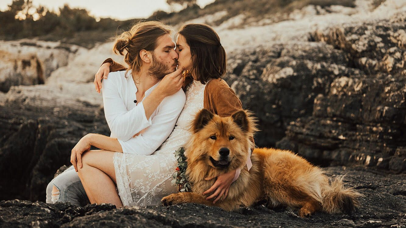 Couple kissing on rocky coastal shore with fluffy golden dog resting beside them.