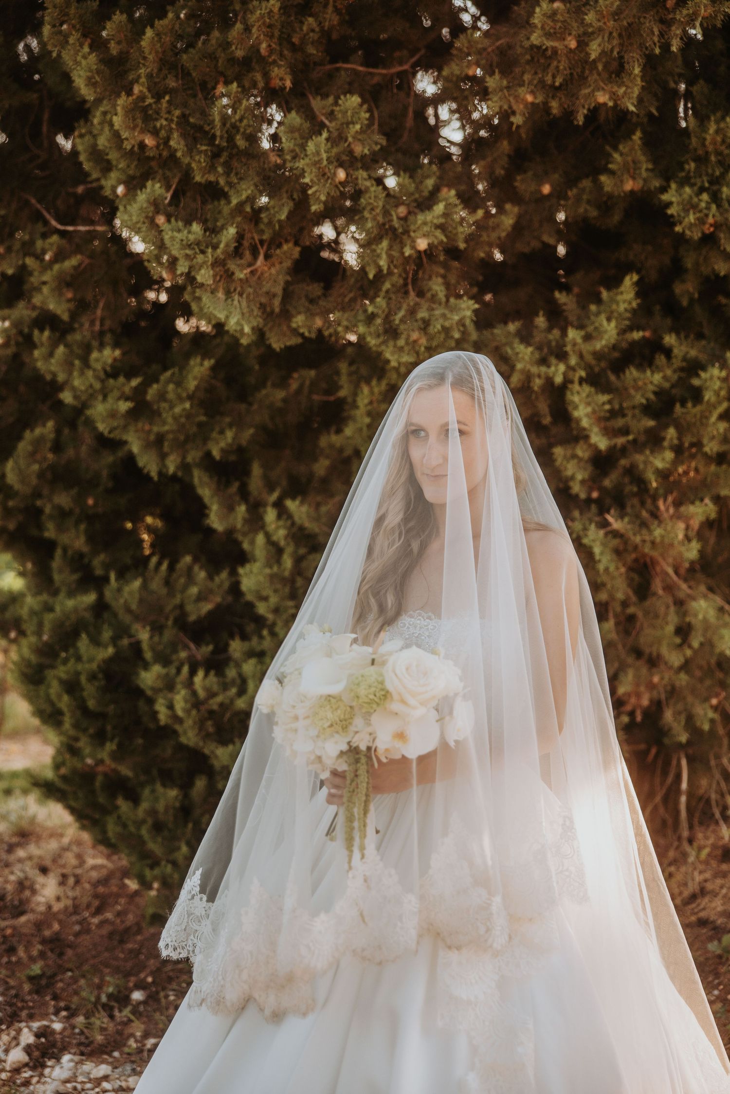 Bride in lace-trimmed veil holding white bouquet standing before evergreen trees outdoors.
