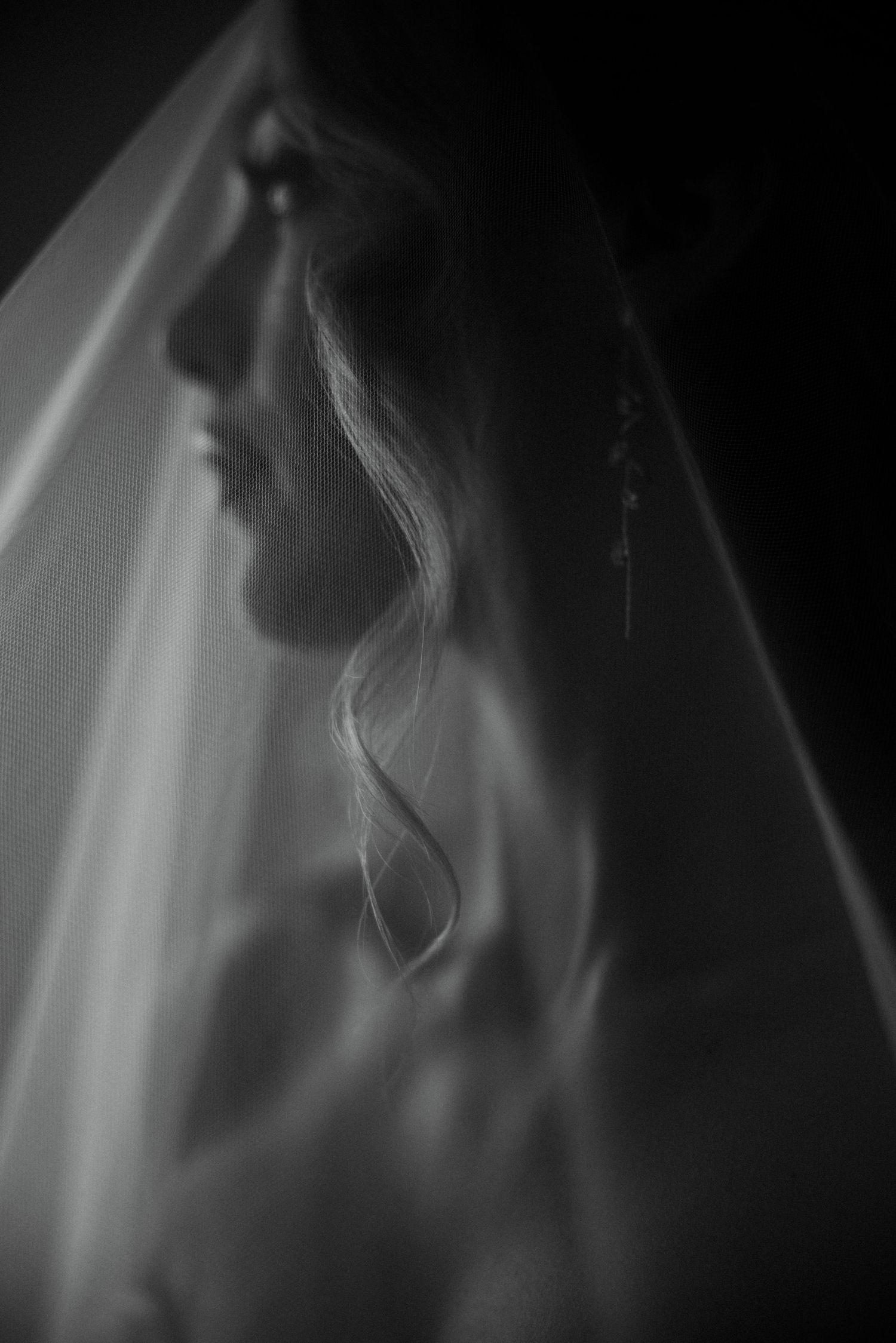 Black and white bridal portrait with veil draped over brides face, elegant side profile with dangling earring.