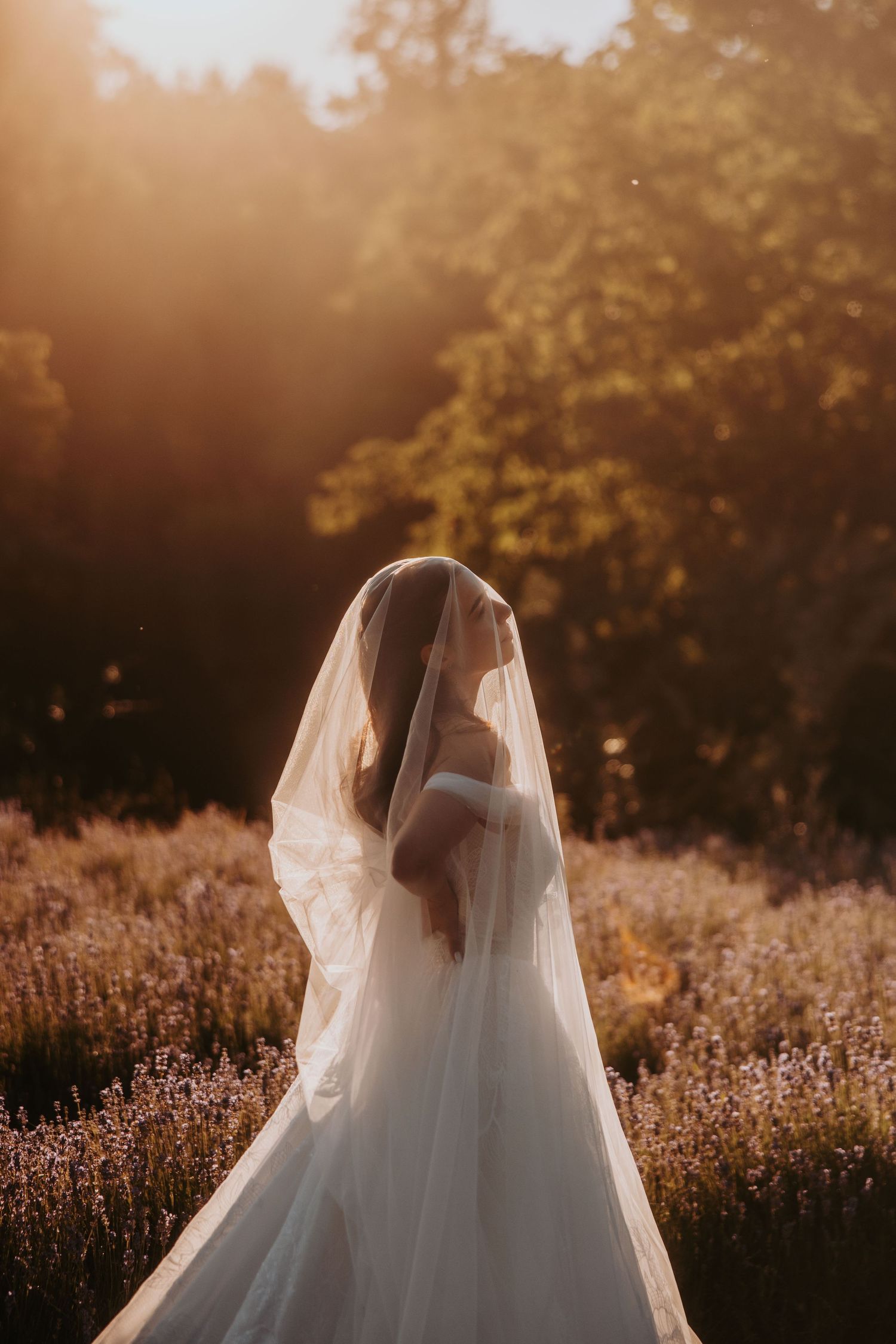 Bride in a flowing white gown and veil standing in a lavender field during golden hour sunset.