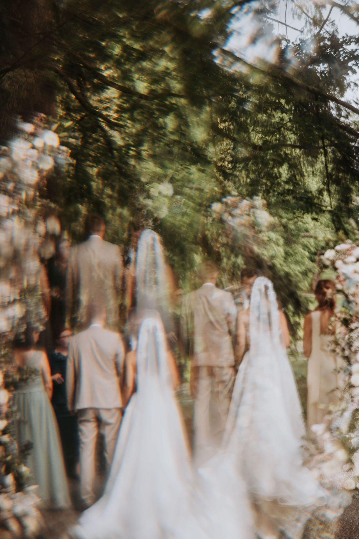 Blurred artistic wedding photo showing bride and groom with wedding party surrounded by lush greenery and white floral arrangements.