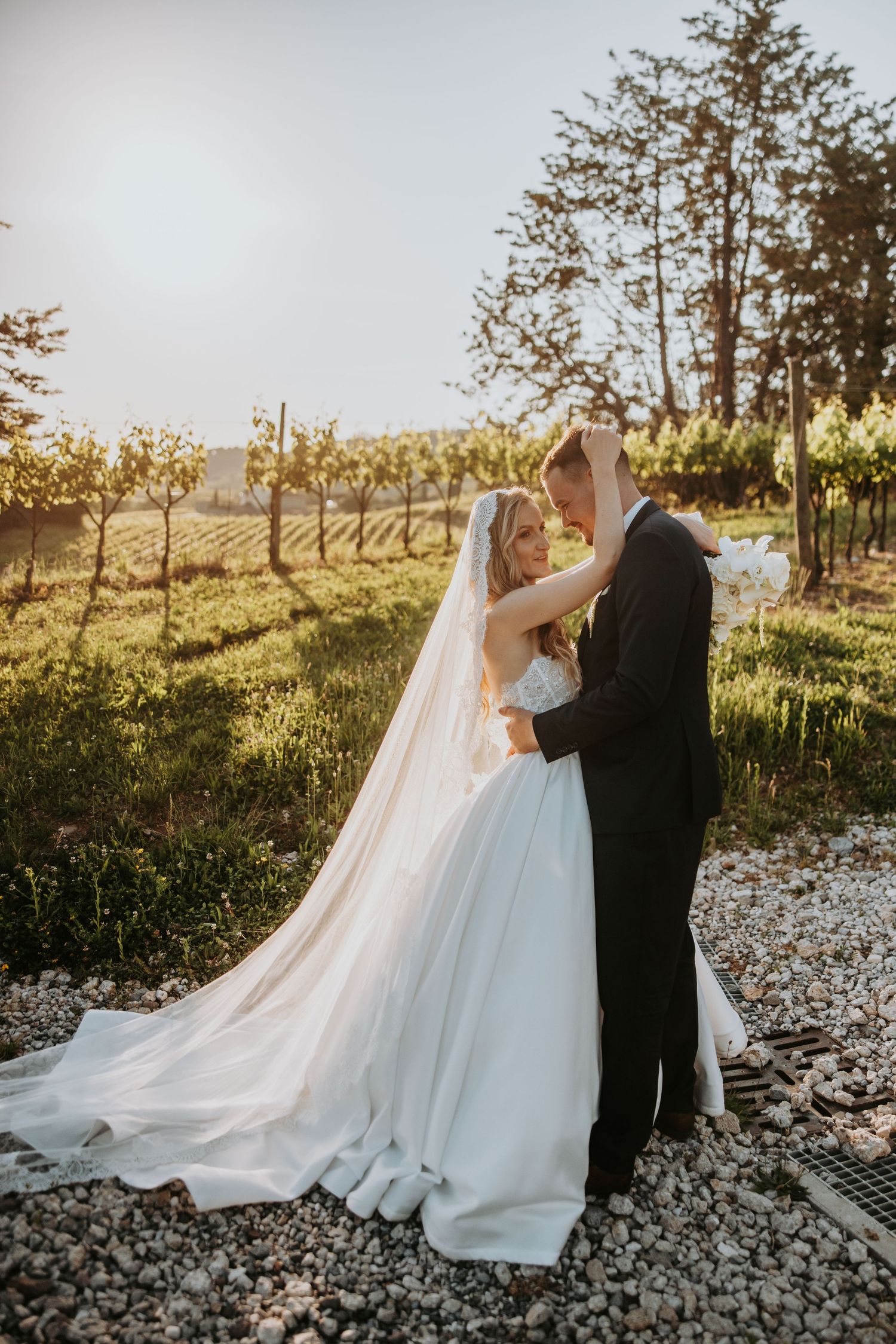 Bride and groom sharing a romantic moment in golden sunset light beside a vineyard.