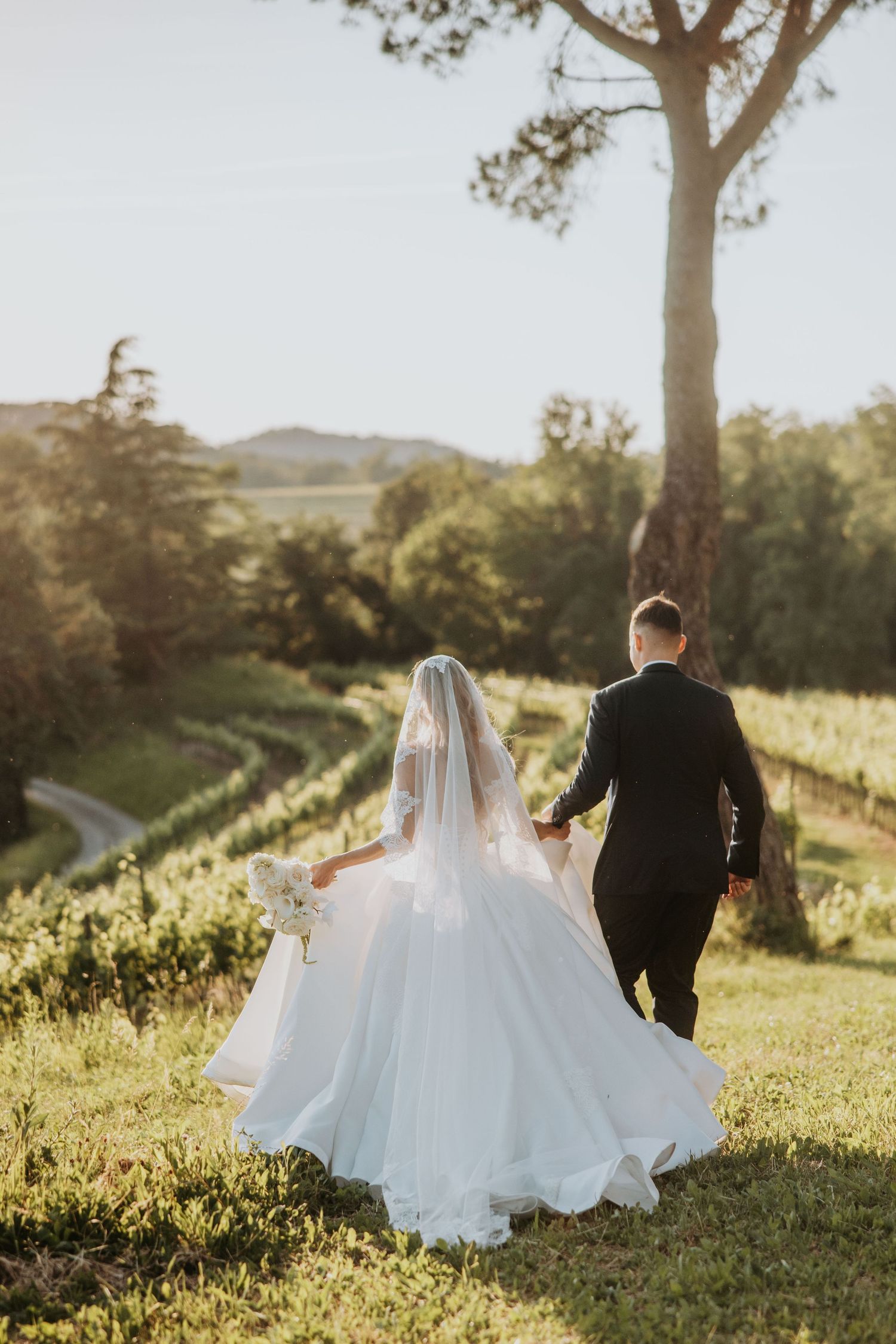 Bride and groom walk hand in hand through scenic vineyard at golden hour on their wedding day.