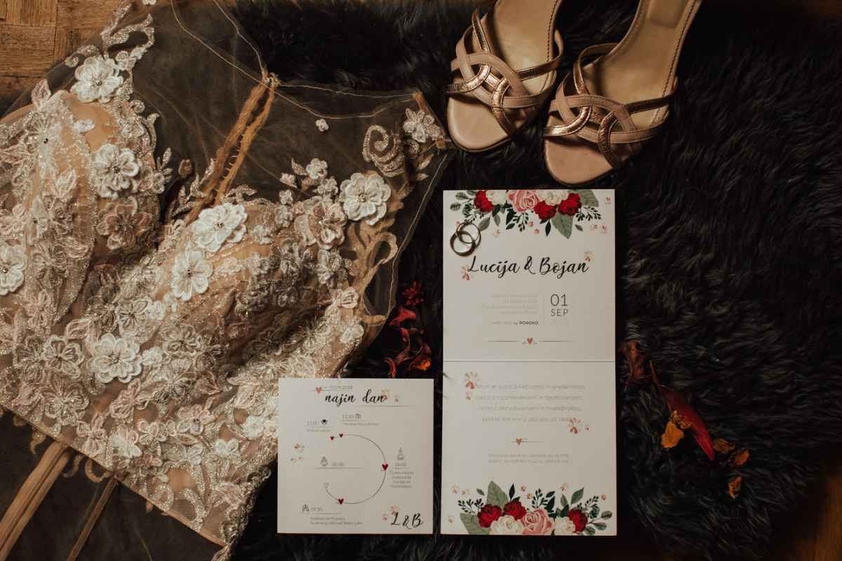 Elegant wedding flat lay with lace bridal gown, floral invitation suite, gold heels, and rings on dark fur.