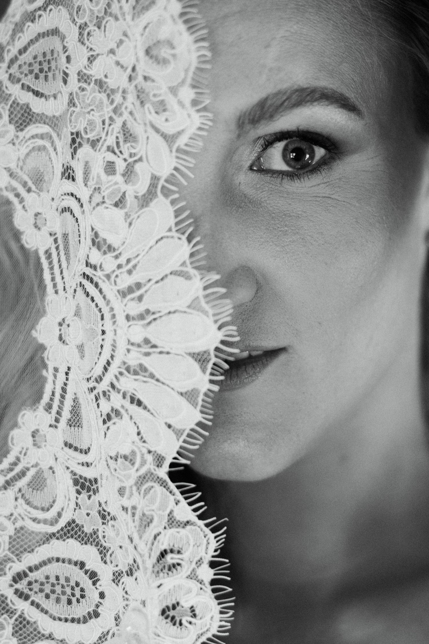 Black and white portrait of a woman half-hidden behind a delicate lace veil, showcasing elegant bridal beauty.