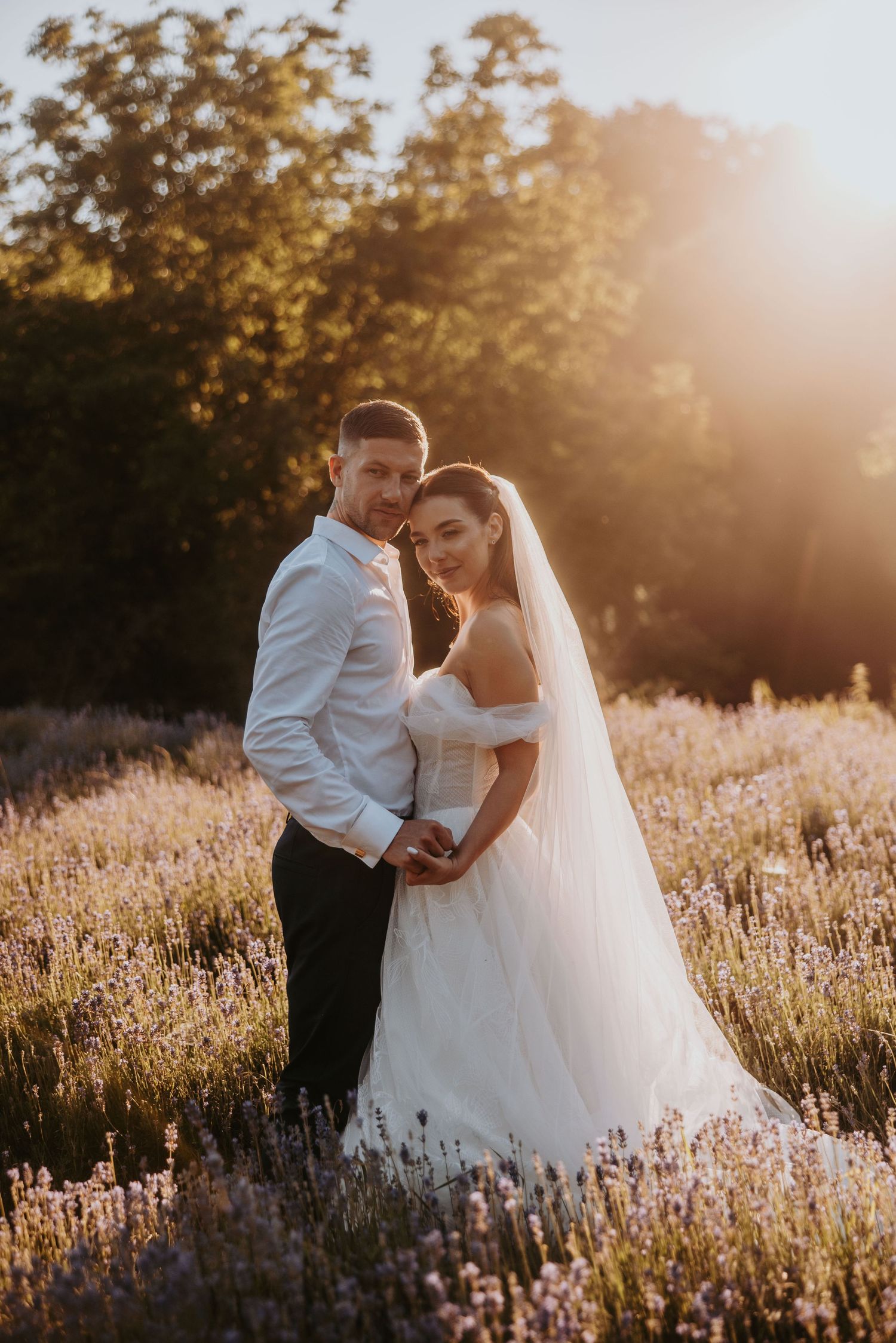 Bride and groom embrace in a golden sunset lavender field, radiating romance and warmth.
