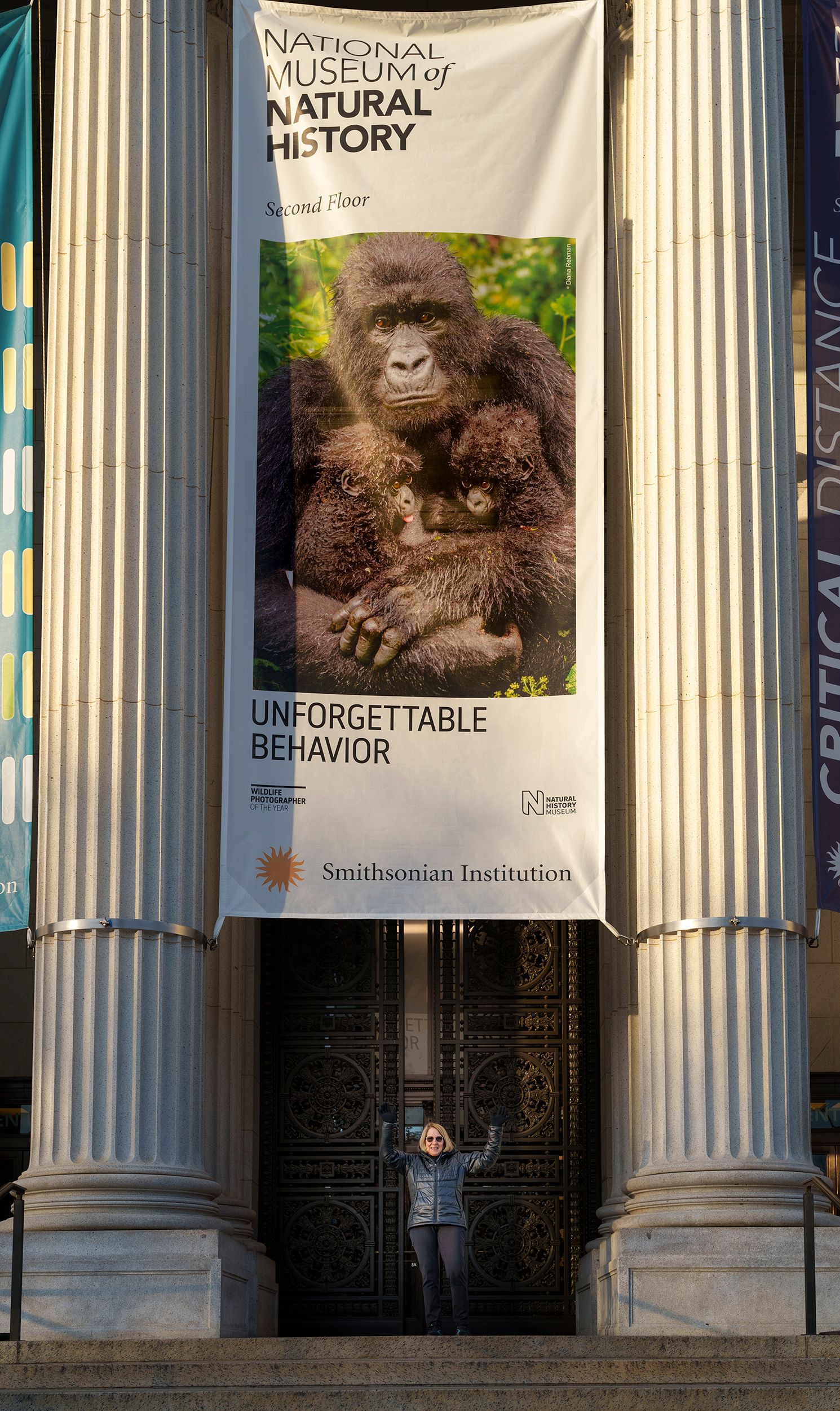 Diana Rebman beneath a Smithsonian exhibition banner featuring her mountain gorilla photograph.