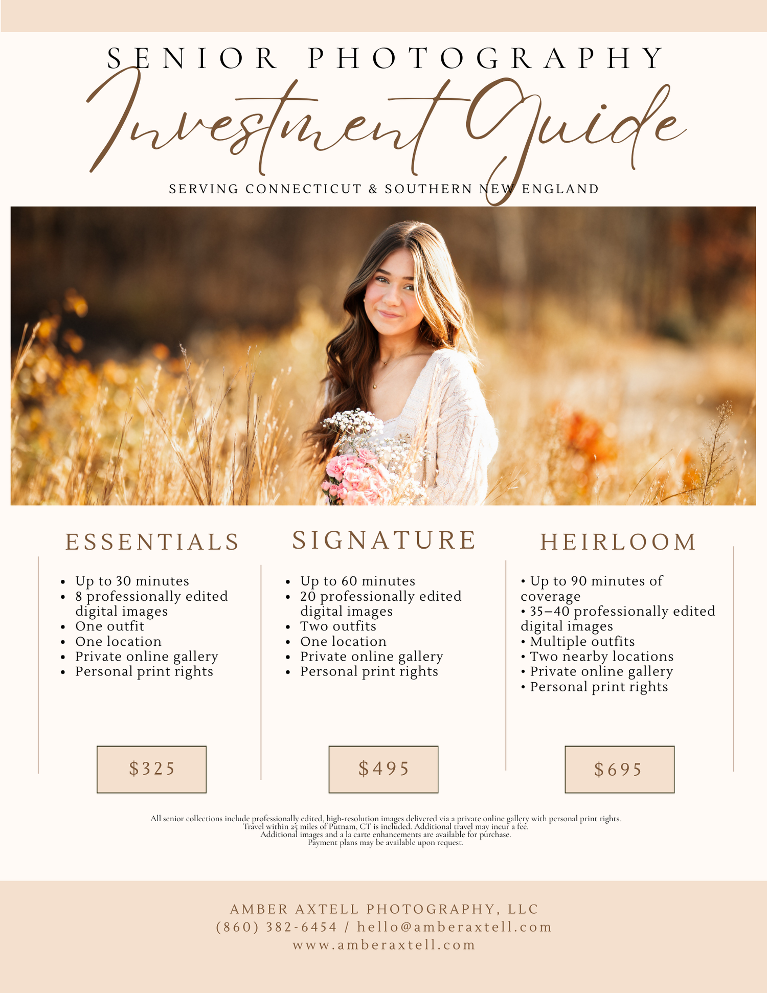 Senior photography investment guide serving Connecticut with Essentials, Signature, and Heirloom packages from $325 to $695.
