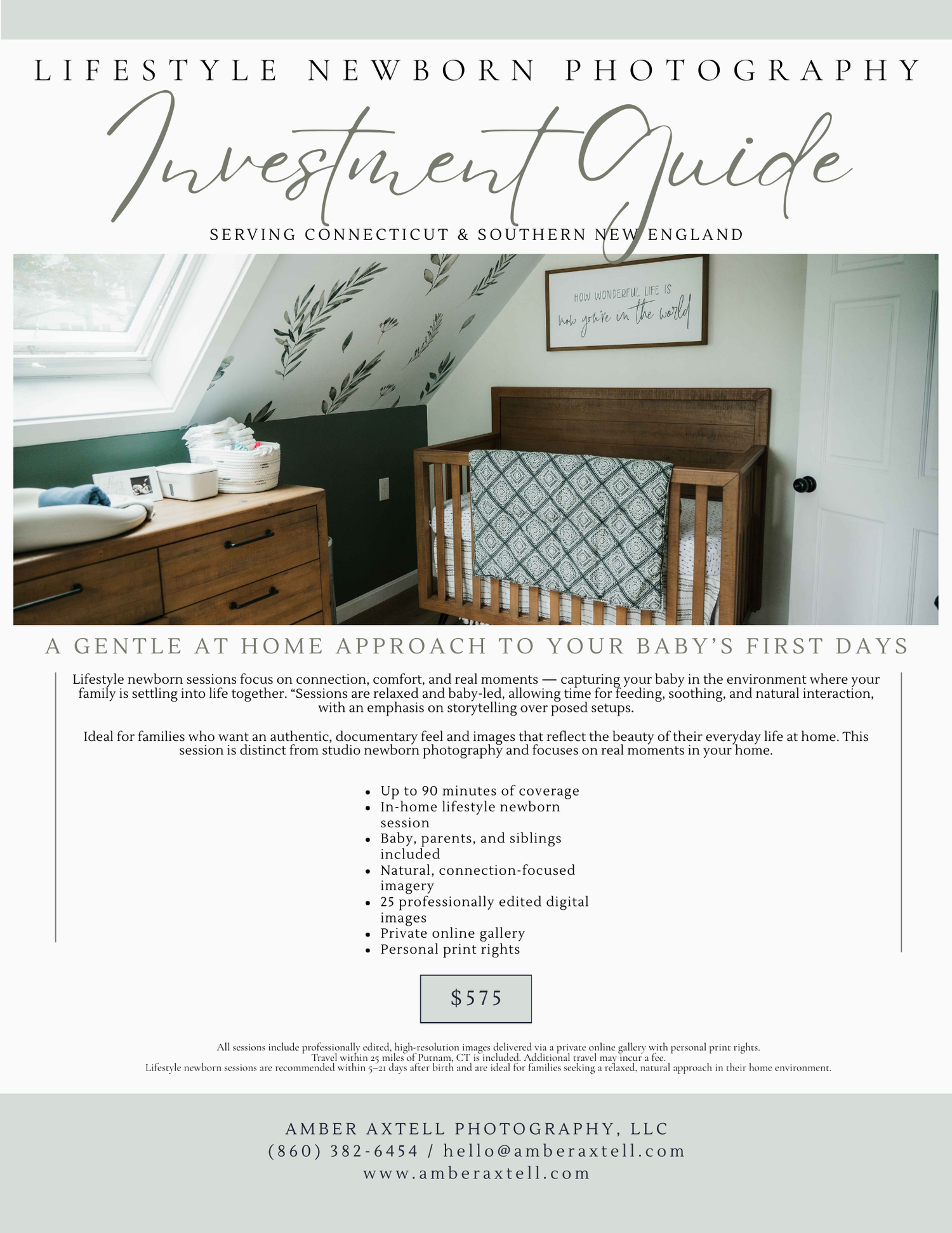 Lifestyle newborn photography investment guide for Connecticut families offering in-home sessions priced at $575.