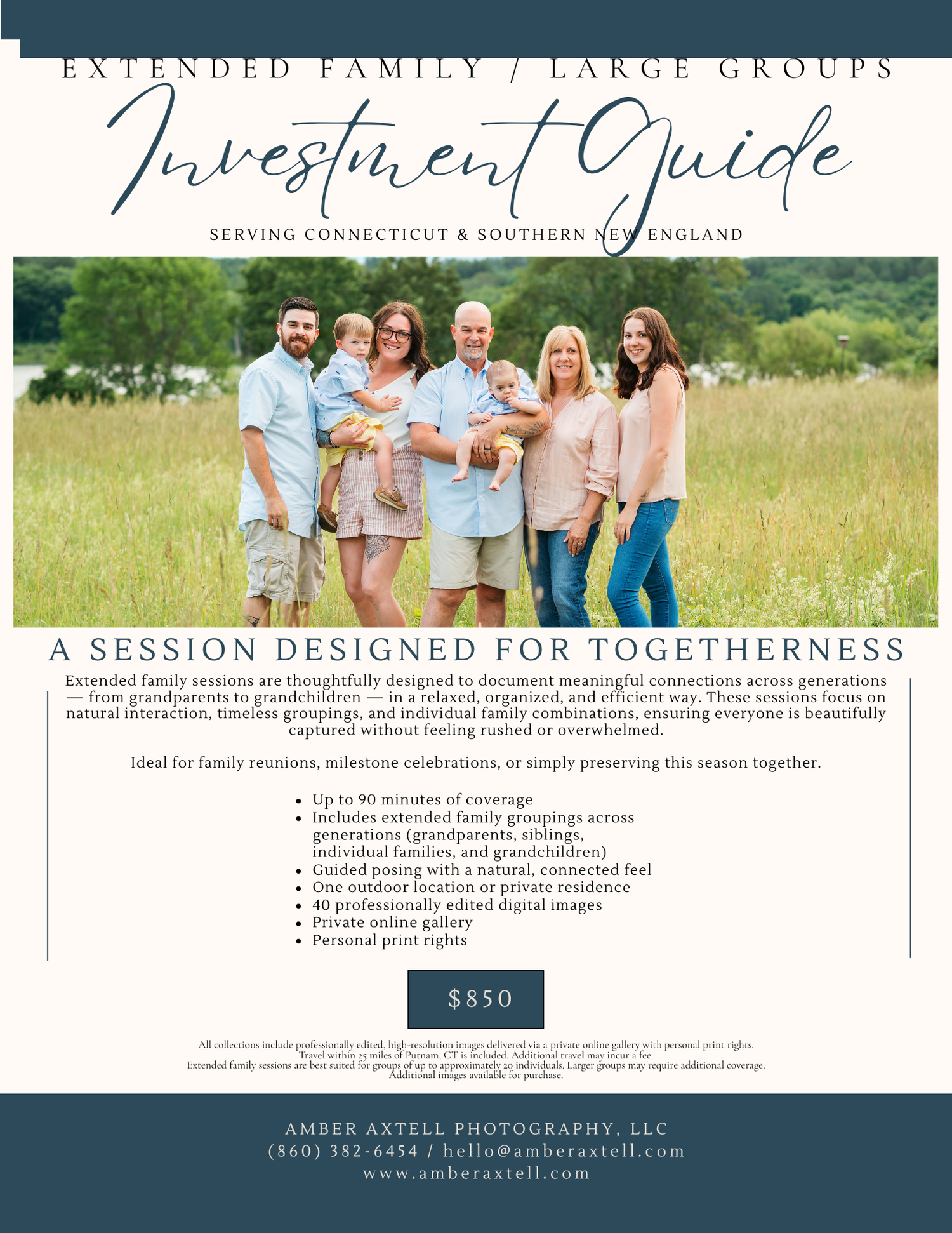Extended family and large group photography investment guide serving Connecticut and Southern New England priced at $850.