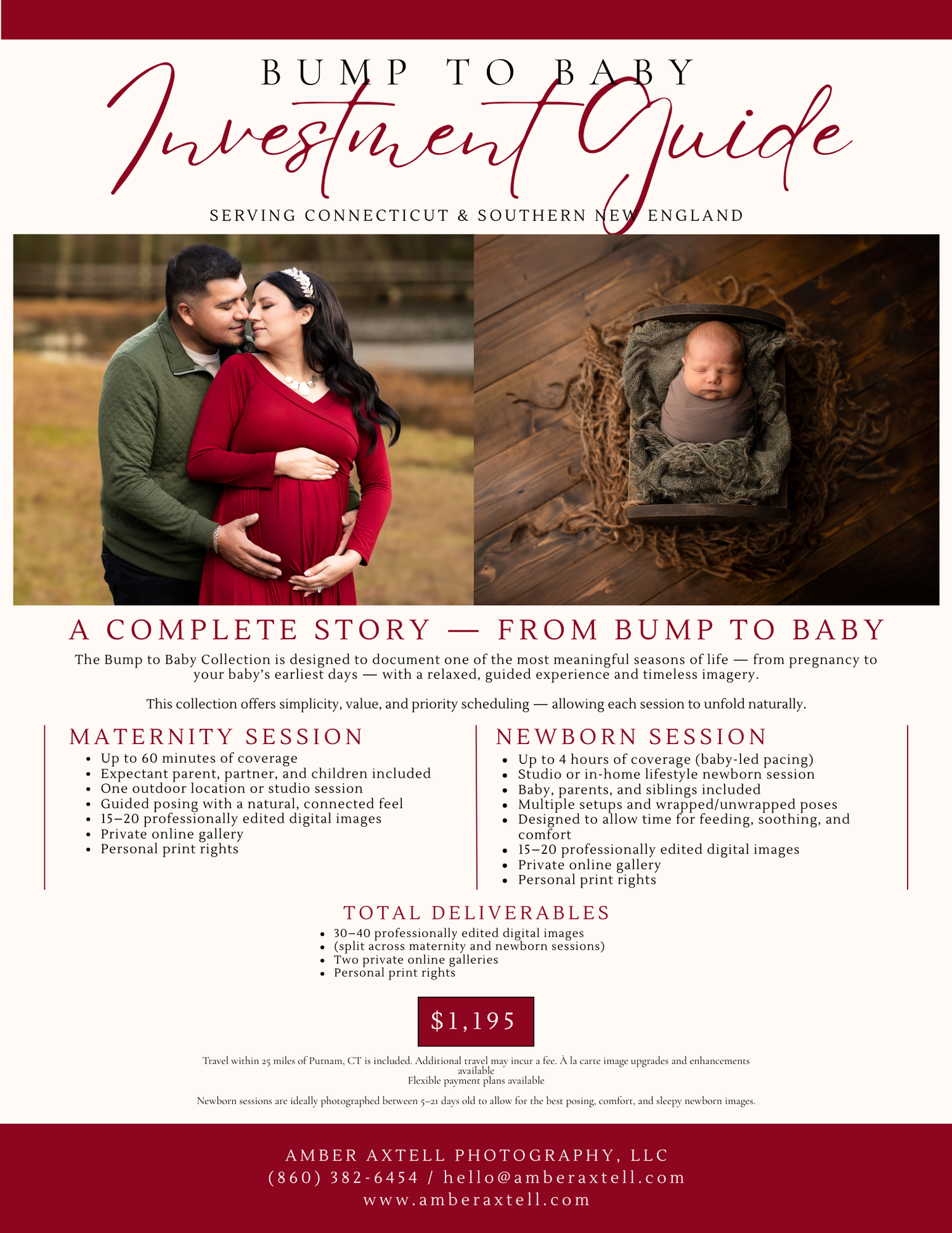 Bump to Baby photography investment guide for Connecticut families offering maternity and newborn sessions starting at $1,195.