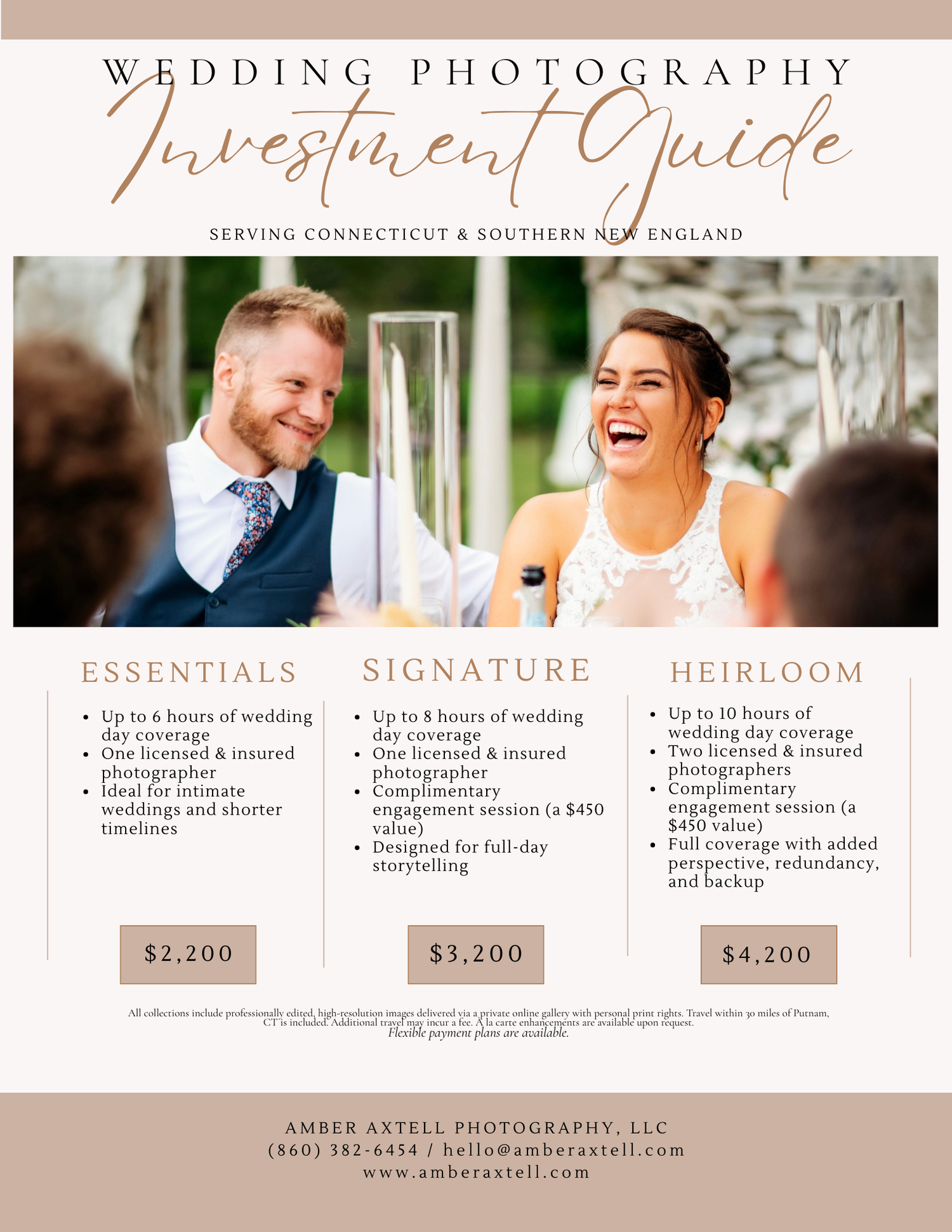 Wedding photography investment guide for Connecticut and Southern New England with three package options starting at $2,200.