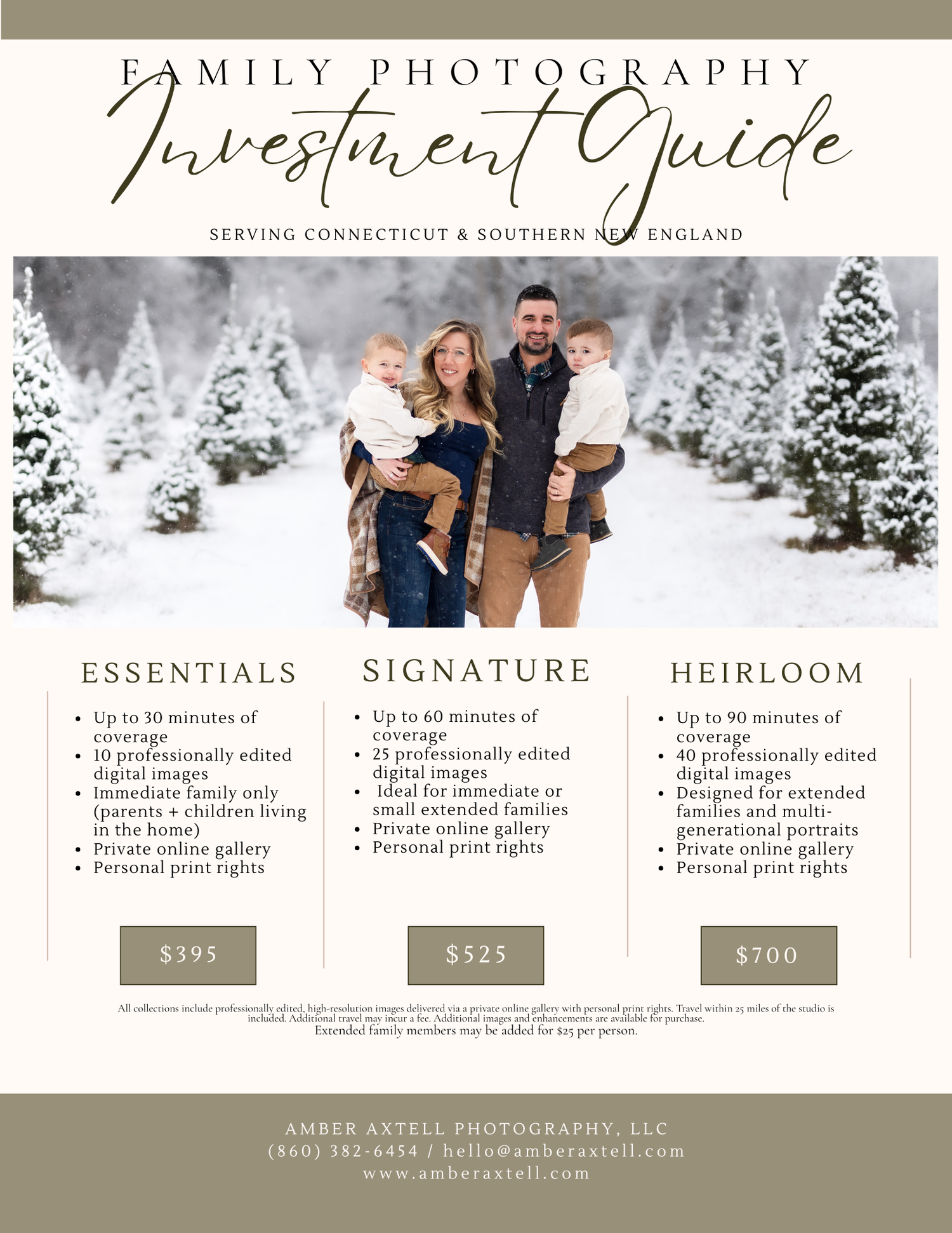 Family photography investment guide for Connecticut offering Essentials, Signature, and Heirloom packages from $395 to $700.