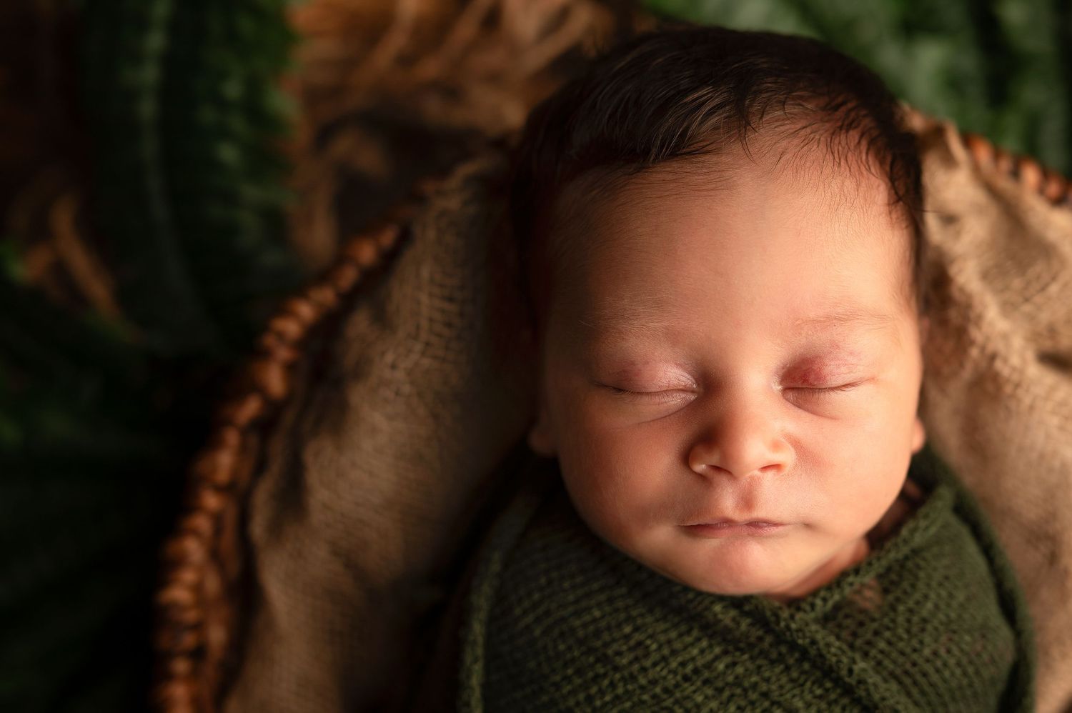Peaceful newborn baby sleeping wrapped in green knit blanket inside a rustic basket with natural foliage backdrop.