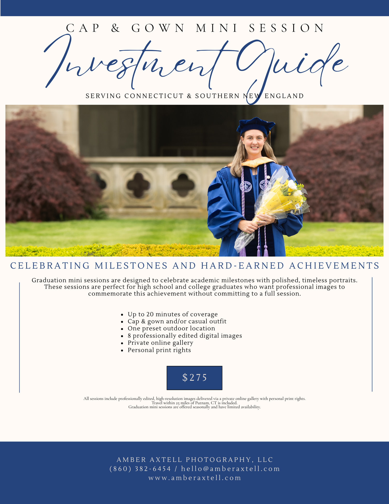 Cap and gown graduation mini session investment guide serving Connecticut and Southern New England priced at $275.