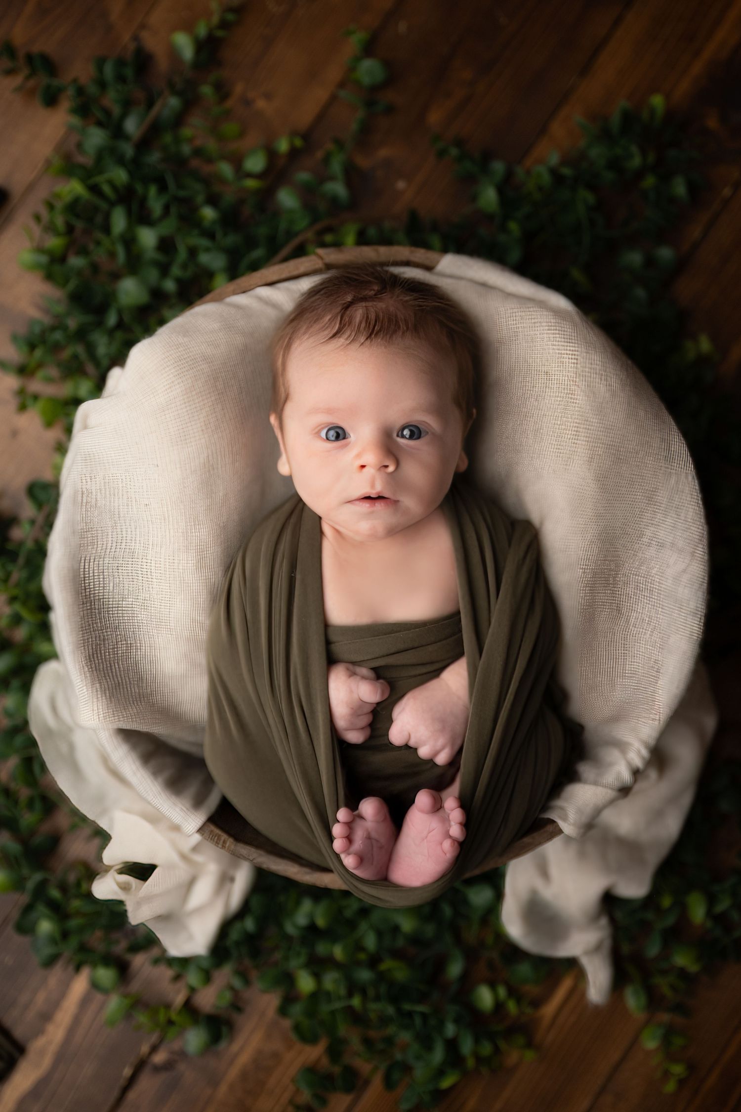 Newborn baby wrapped in olive green swaddle, lying in a round basket with cream lining and greenery on wood floor.