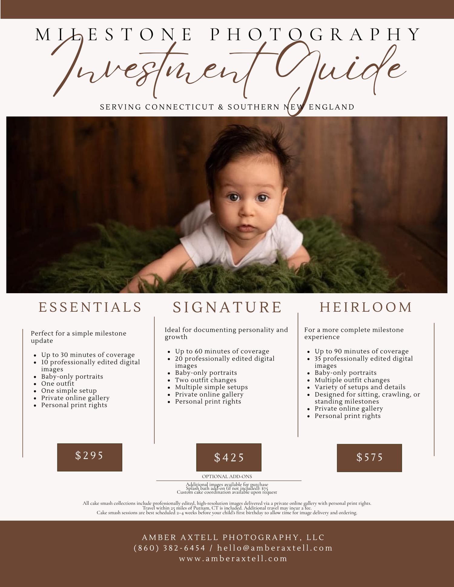 Milestone photography investment guide for Connecticut babies with Essentials, Signature, and Heirloom packages from $295 to $575.