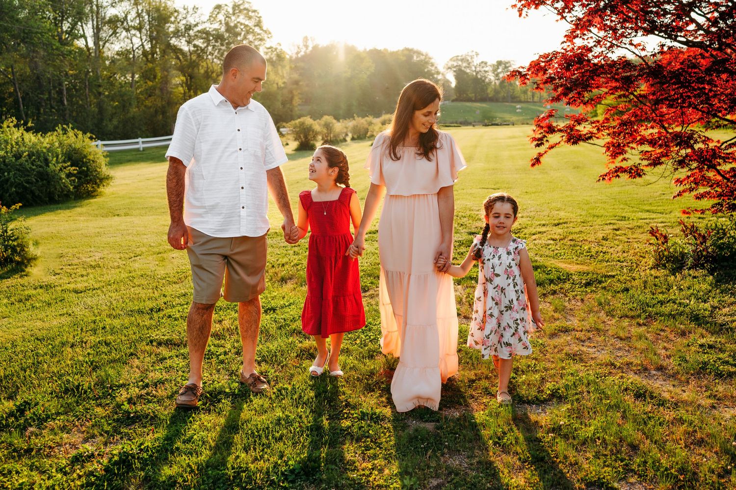 Family of four walking in a sunlit green field with a red maple tree, parents holding hands with two young girls in dresses.